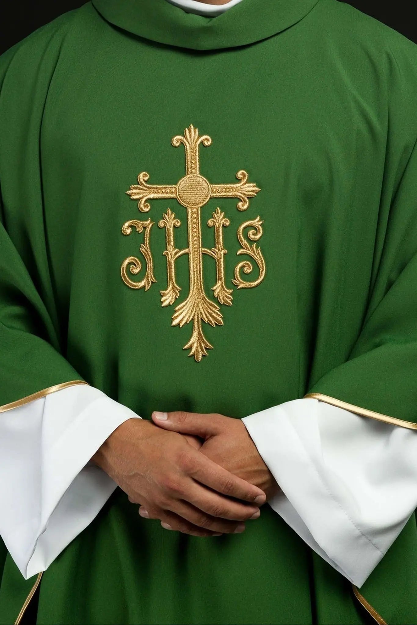 JHS green chasuble with raised embroidery