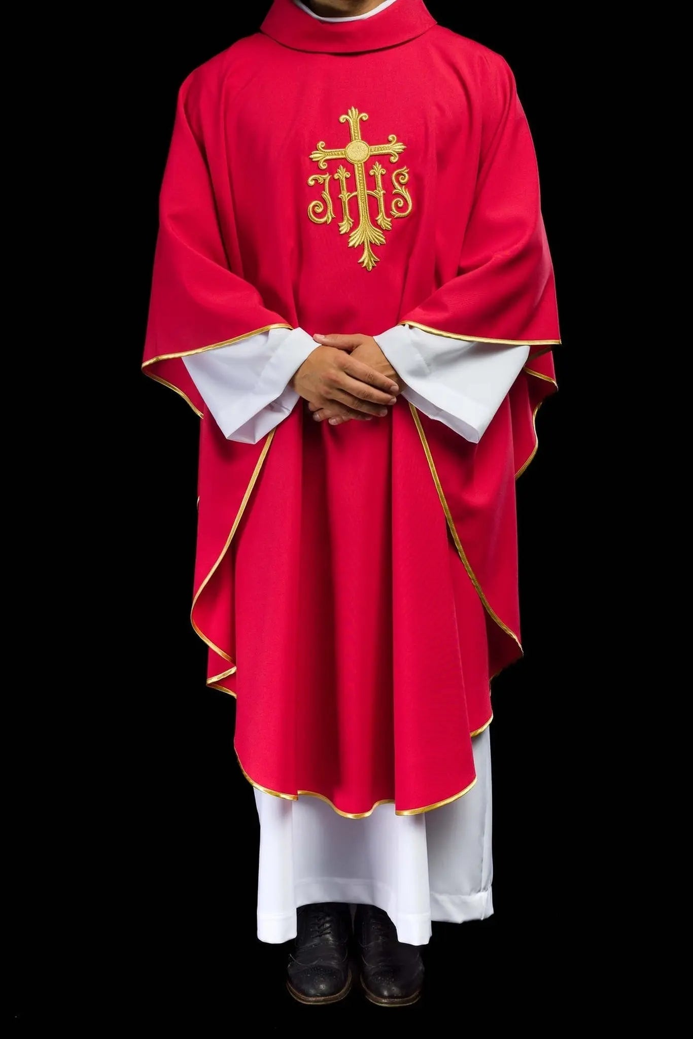 Embroidered red chasuble with JHS symbol