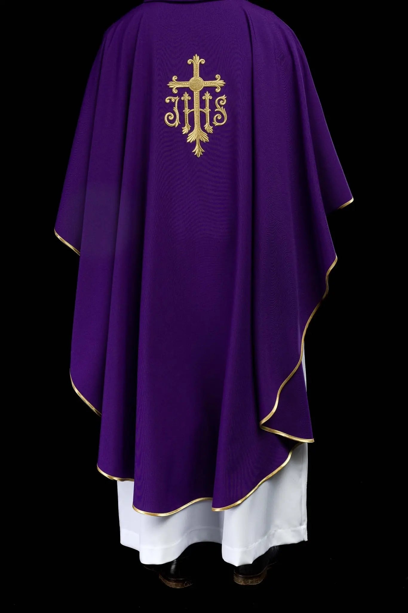 Purple embroidered chasuble with cross and JHS