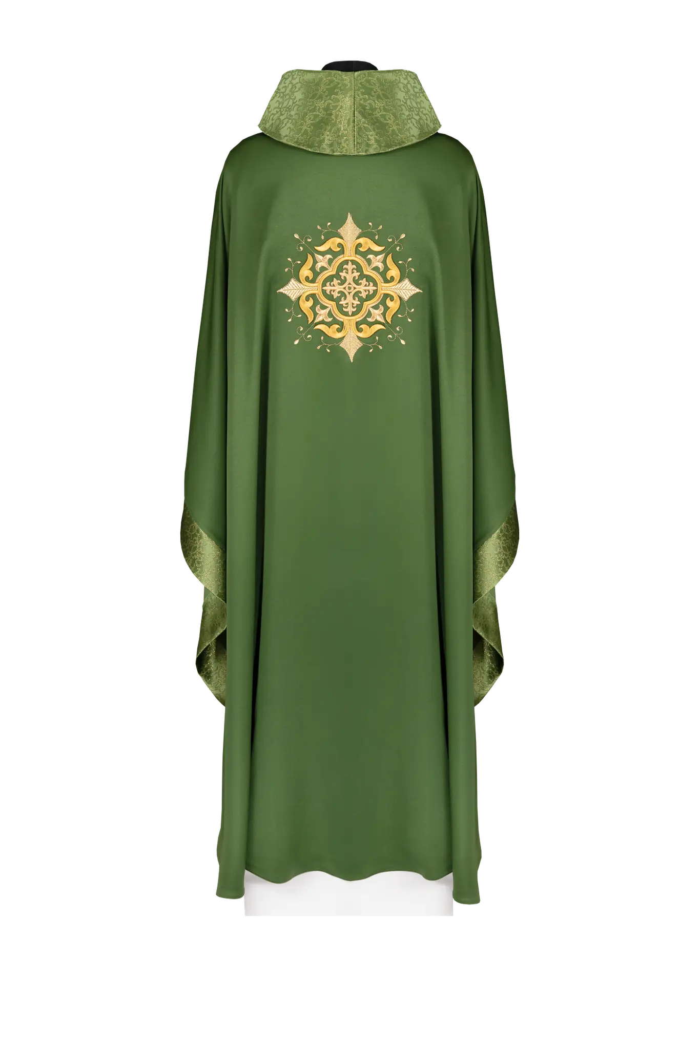 Liturgical chasuble with an embroidered cross motif and elaborate finishing in green