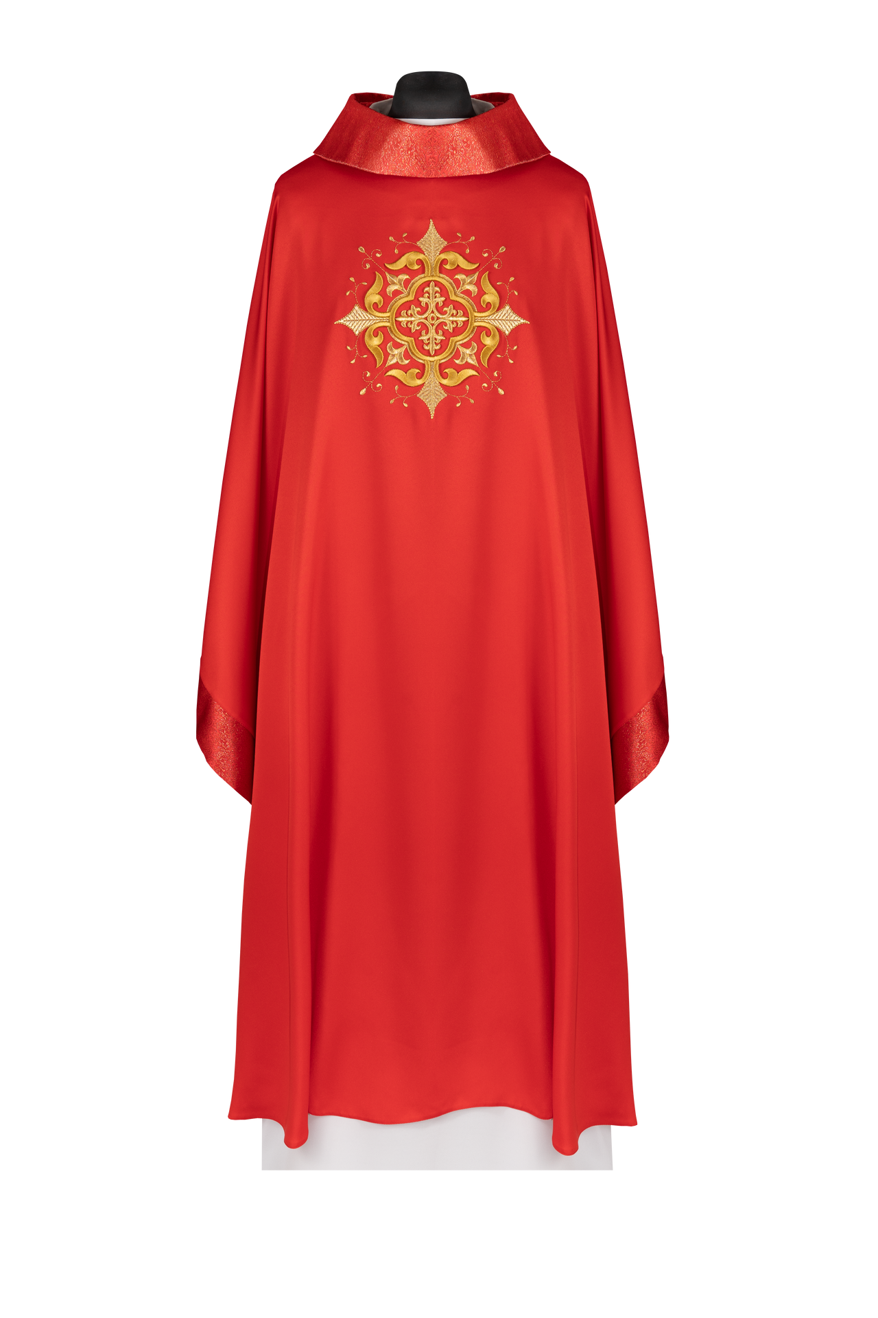 Ornat liturgiczny z haftowanym motywem krzyża i bogatym wykończeniem czerwony - ORNATY.PL