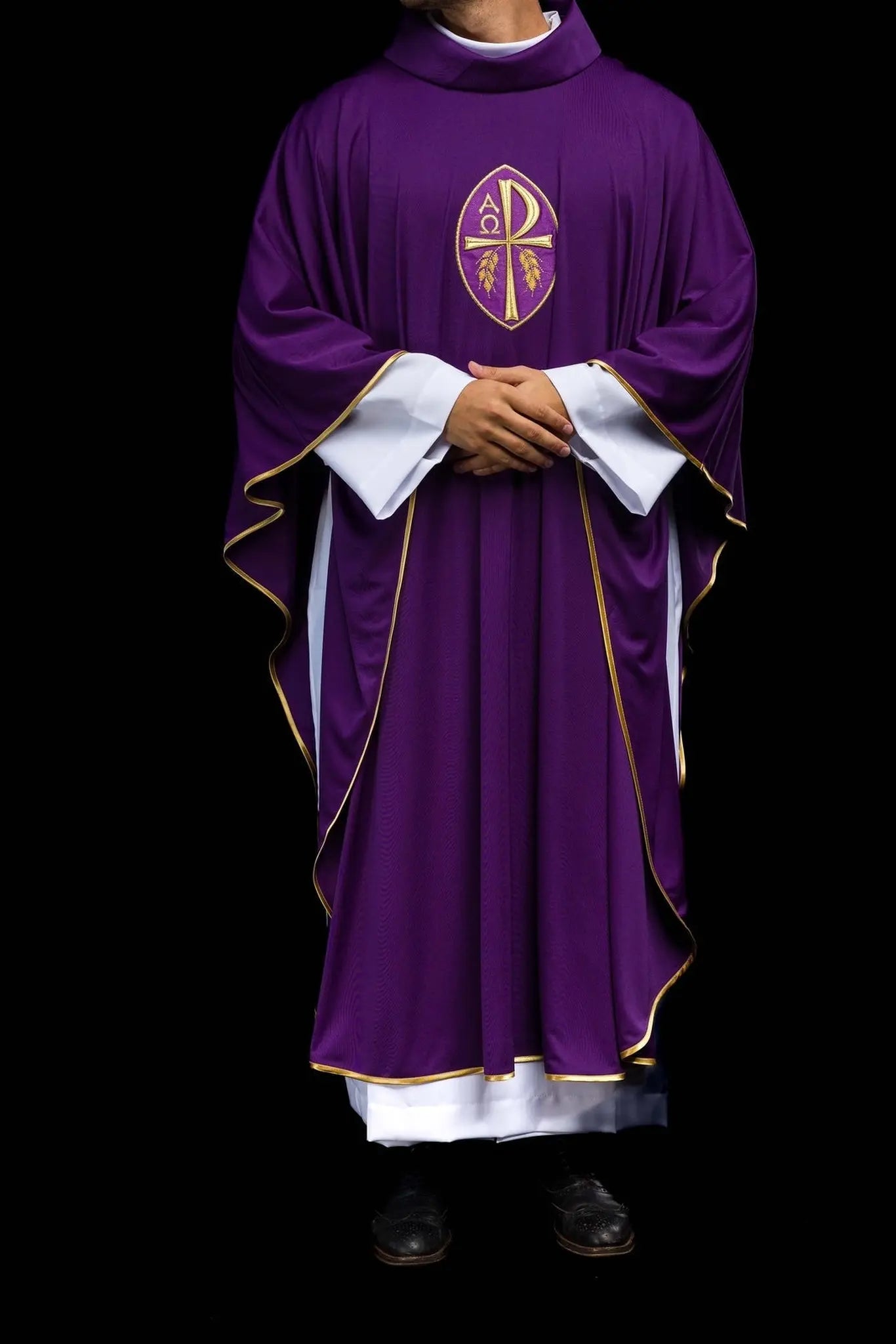 Chasuble embroidered Cross purple lightweight knitted SACROLITE
