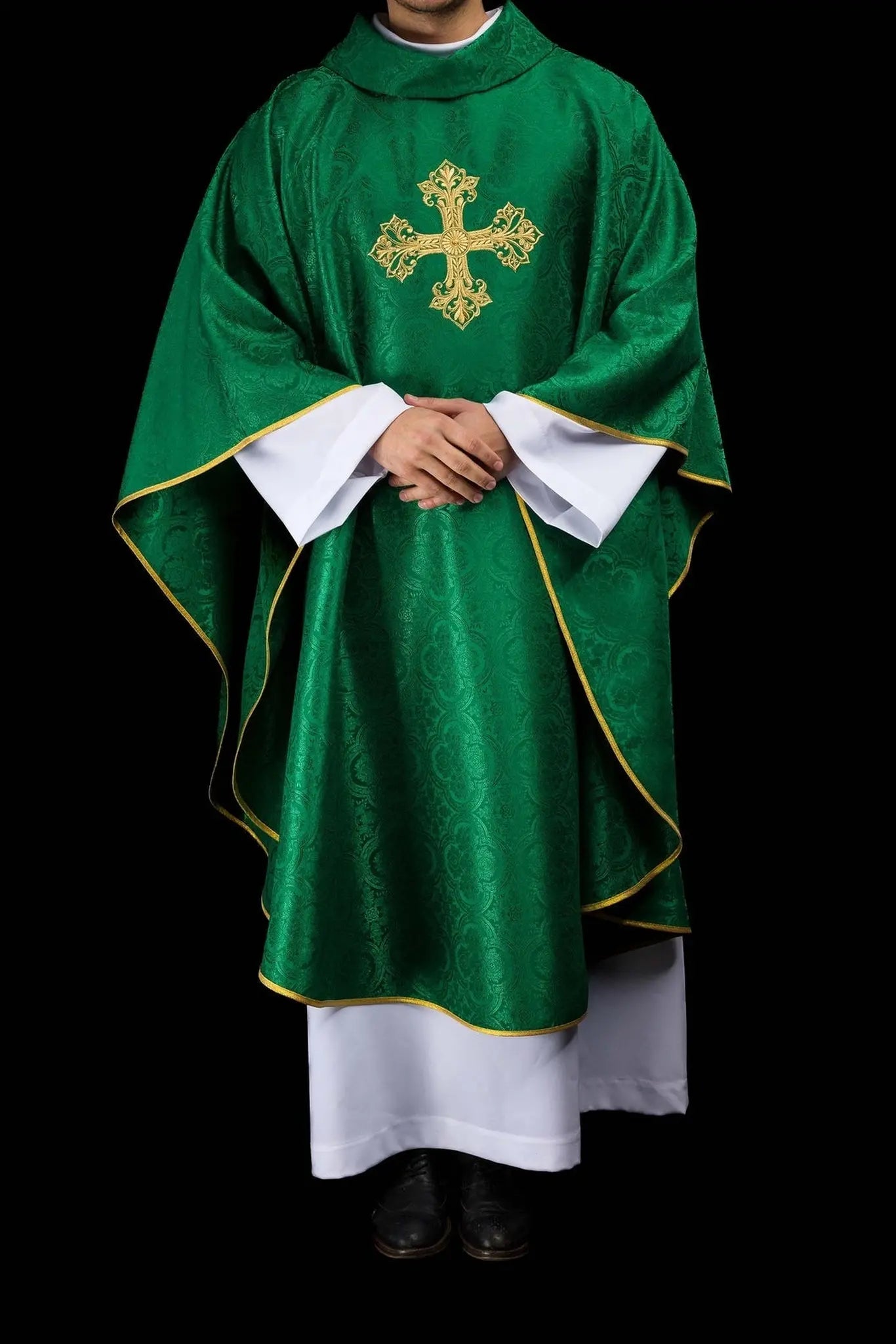 Green chasuble with cross jacquard fabric