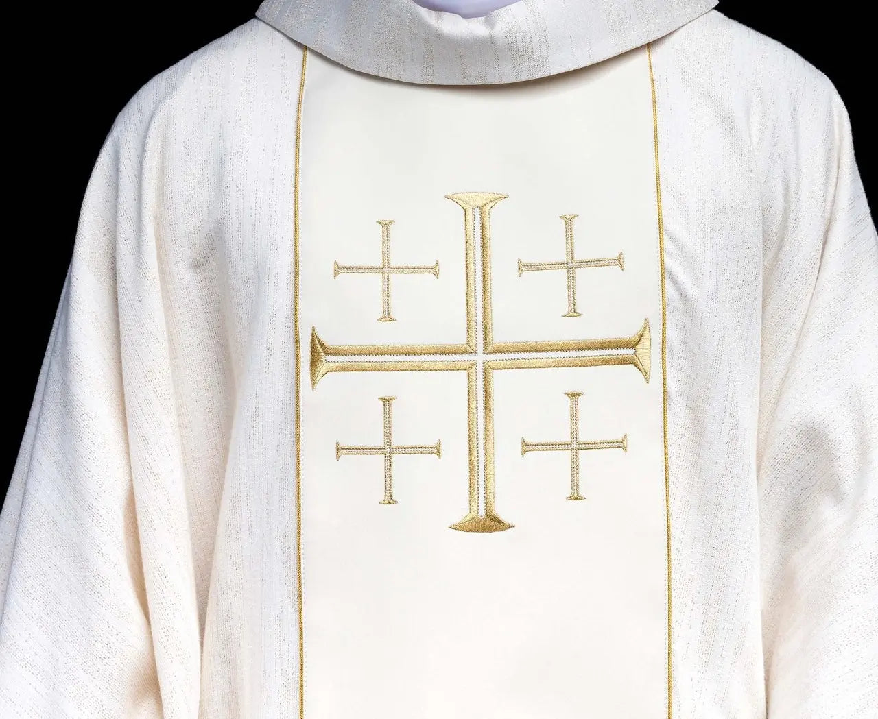 Embroidered Chasuble with Band and Jerusalem Crosses Ecru