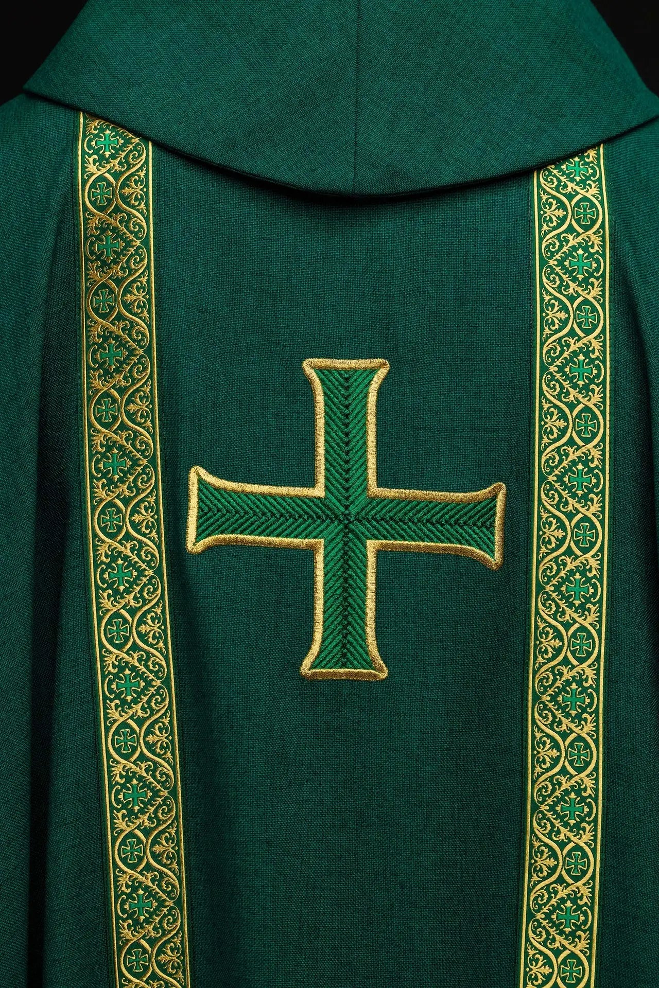 Zielony ornat liturgiczny z haftowanym krzyżem i pasami żakardowymi