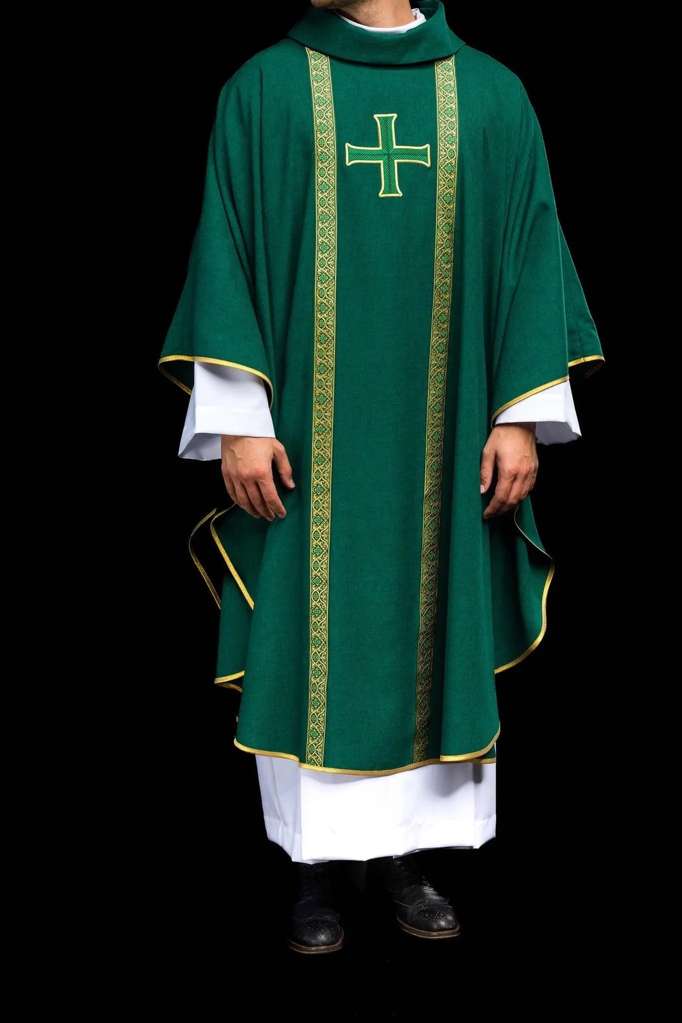 Green liturgical chasuble with embroidered cross and jacquard bands
