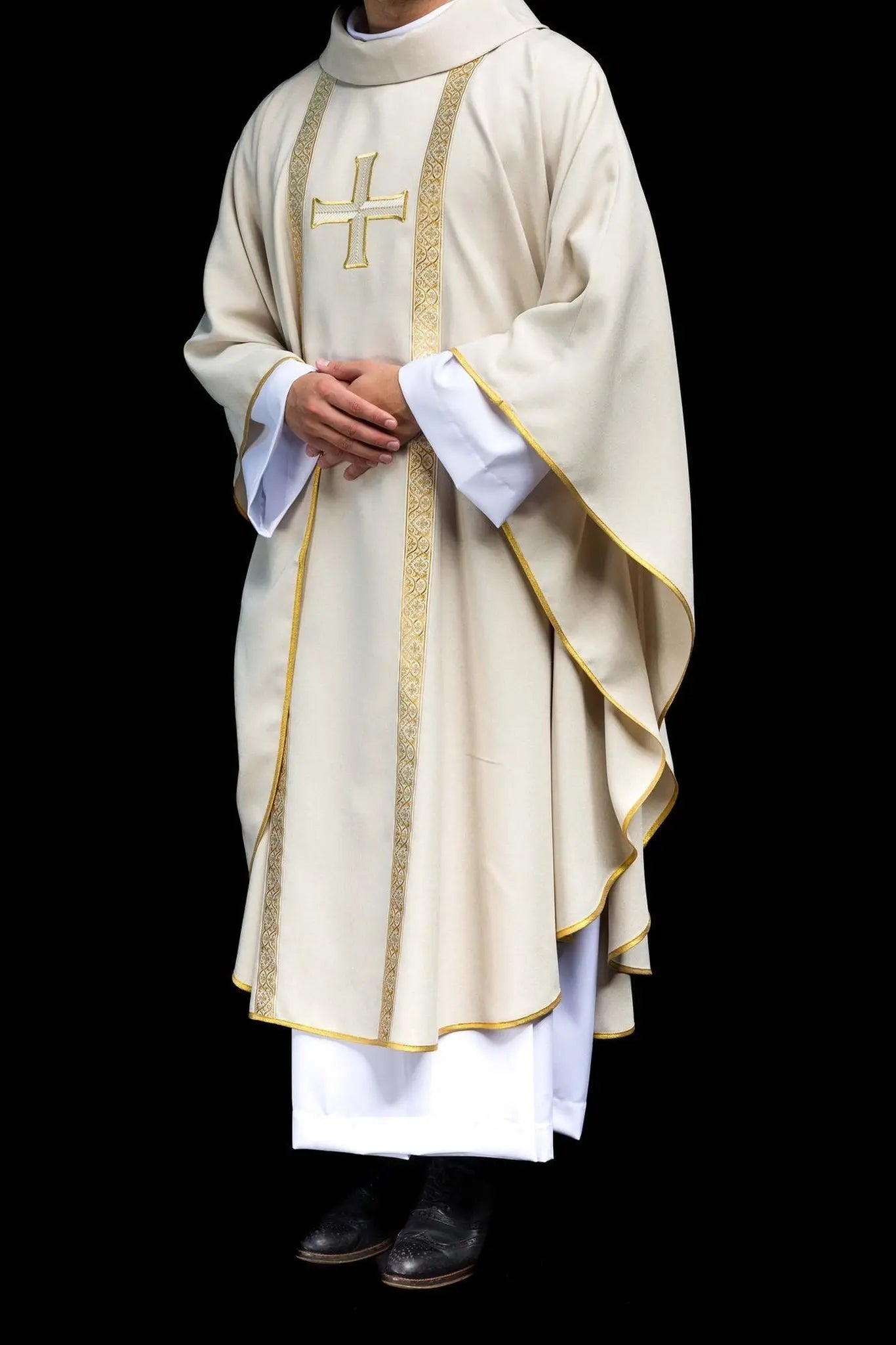 Ecru liturgical chasuble with embroidered cross and jacquard bands