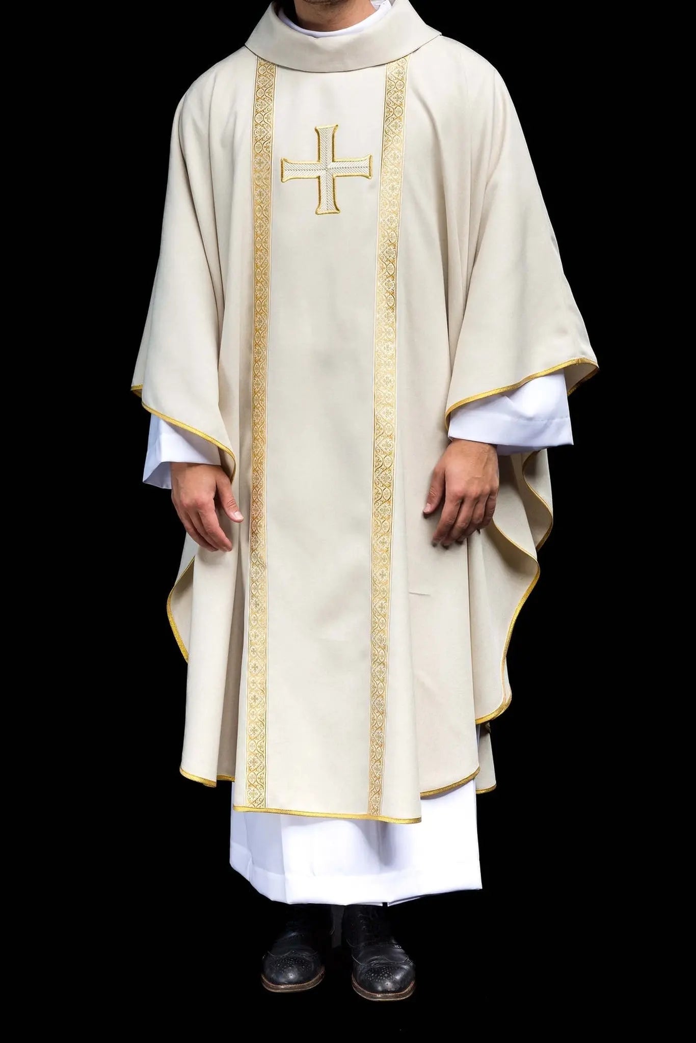 Ecru liturgical chasuble with embroidered cross and jacquard bands