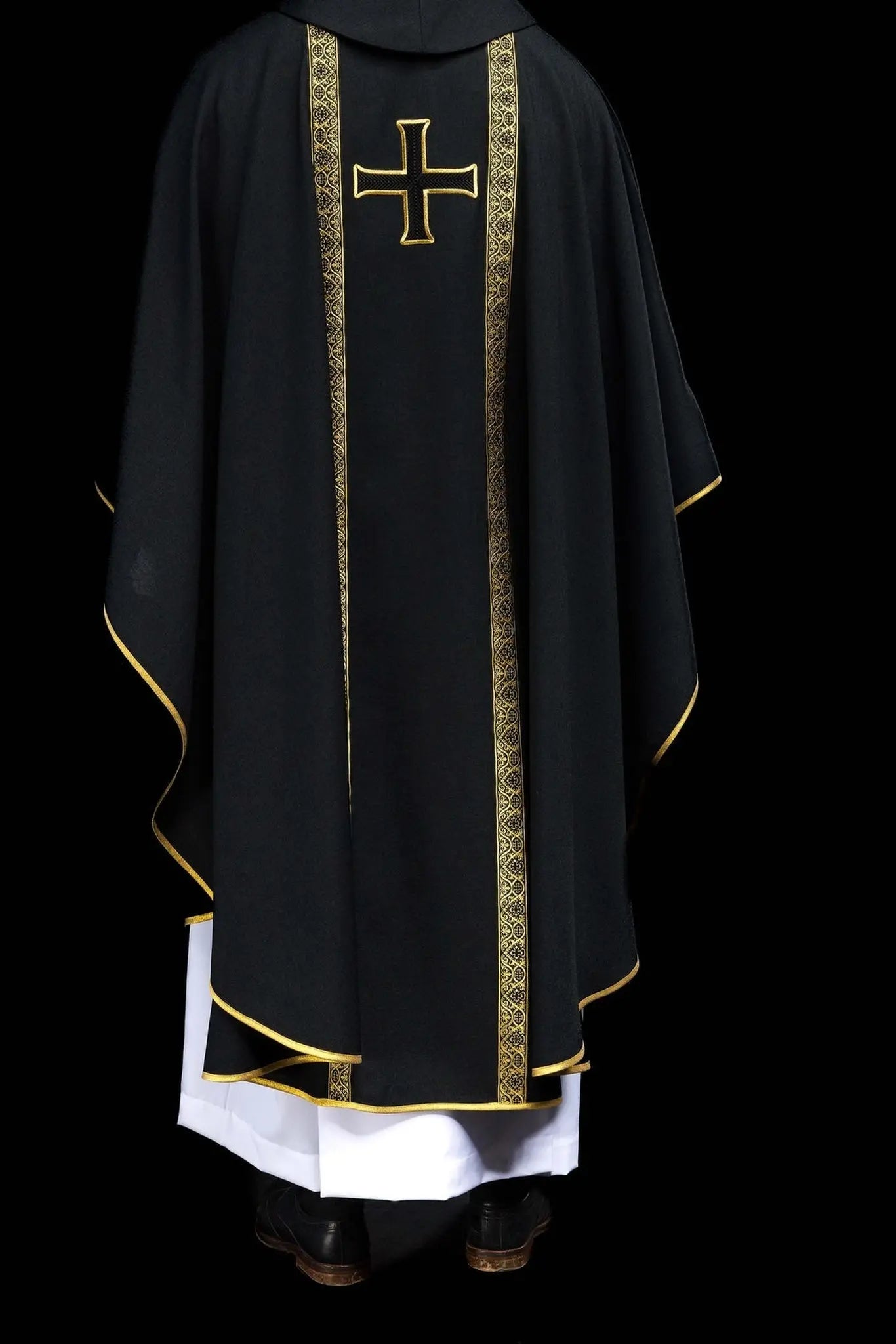 Black liturgical chasuble with embroidered cross and jacquard bands