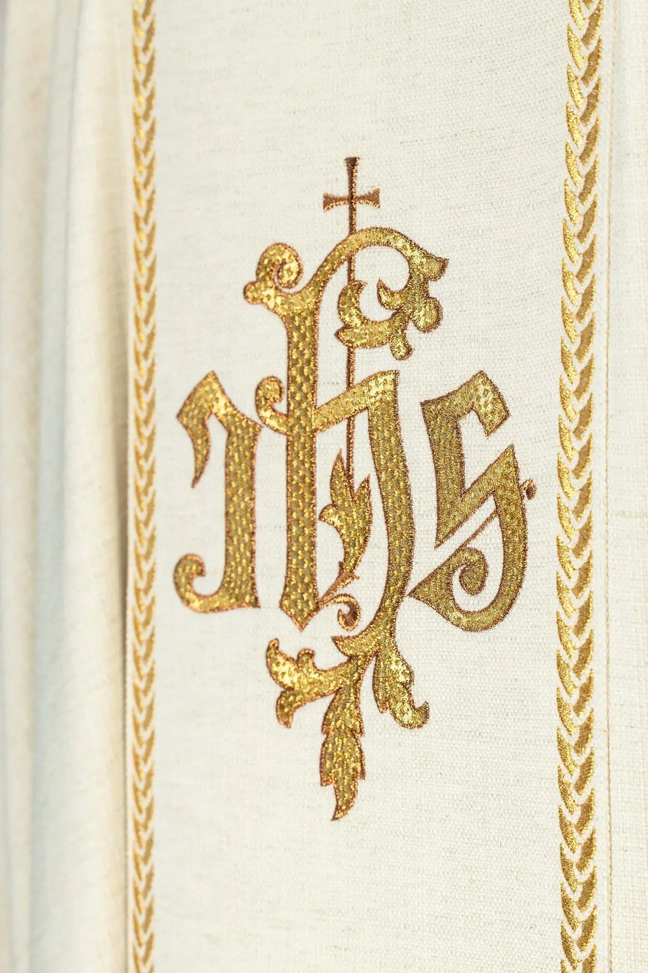 Ecru Chasuble with Good Shepherd Embroidery and Decorative Orphrey Bands