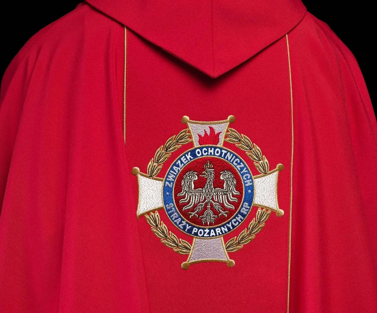 Richly embroidered chasuble featuring an image of Saint Florian