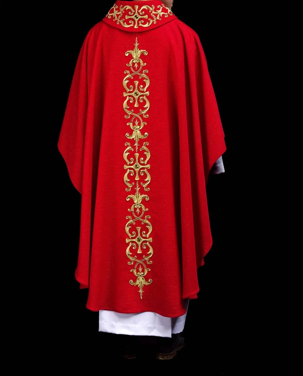Richly embroidered chasuble with the image of Saint Peter red