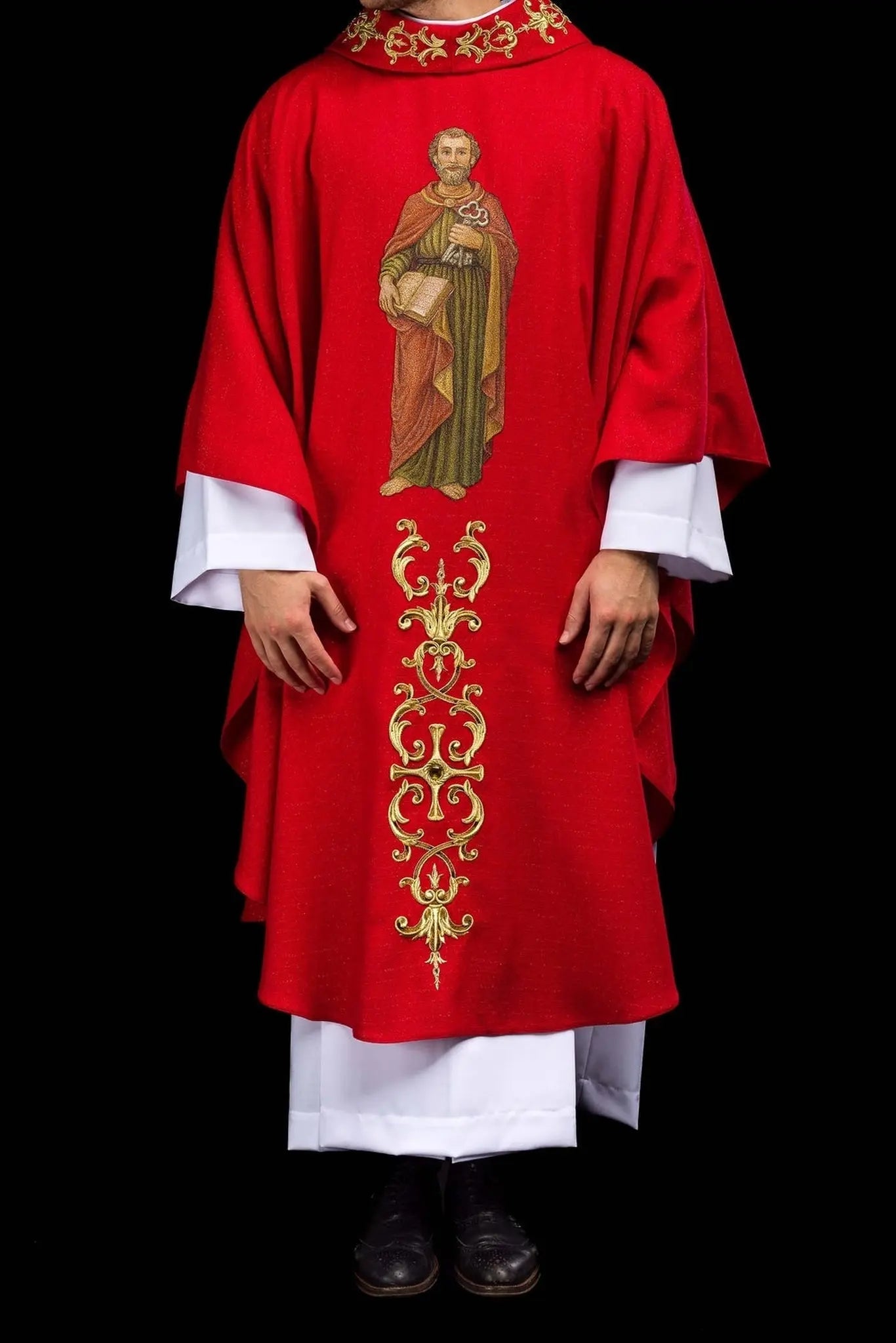 Richly embroidered chasuble with the image of Saint Peter red