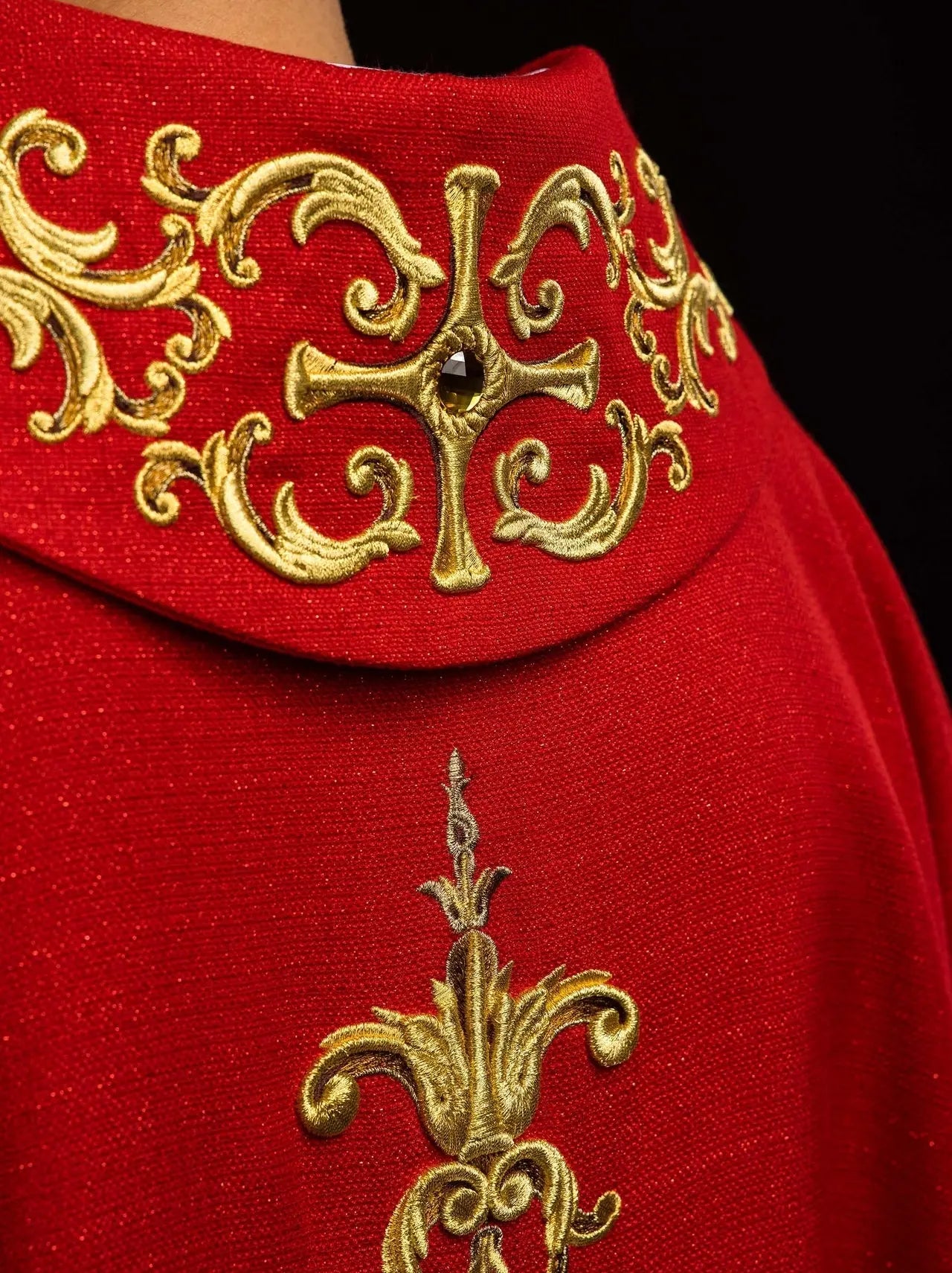 Richly embroidered chasuble with the image of Saint Peter red