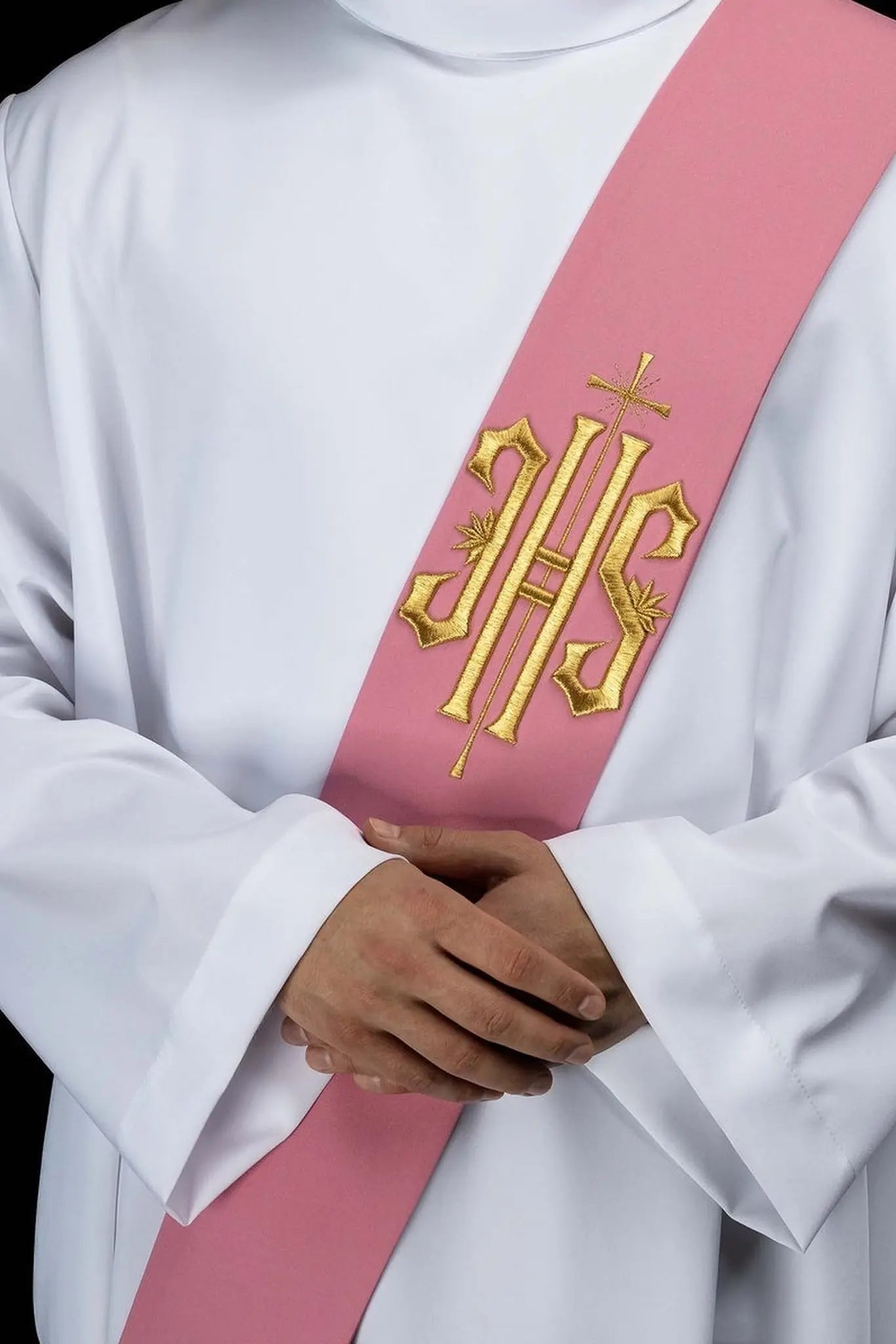 Pink Deacon Stole with IHS and Cross Embroidery