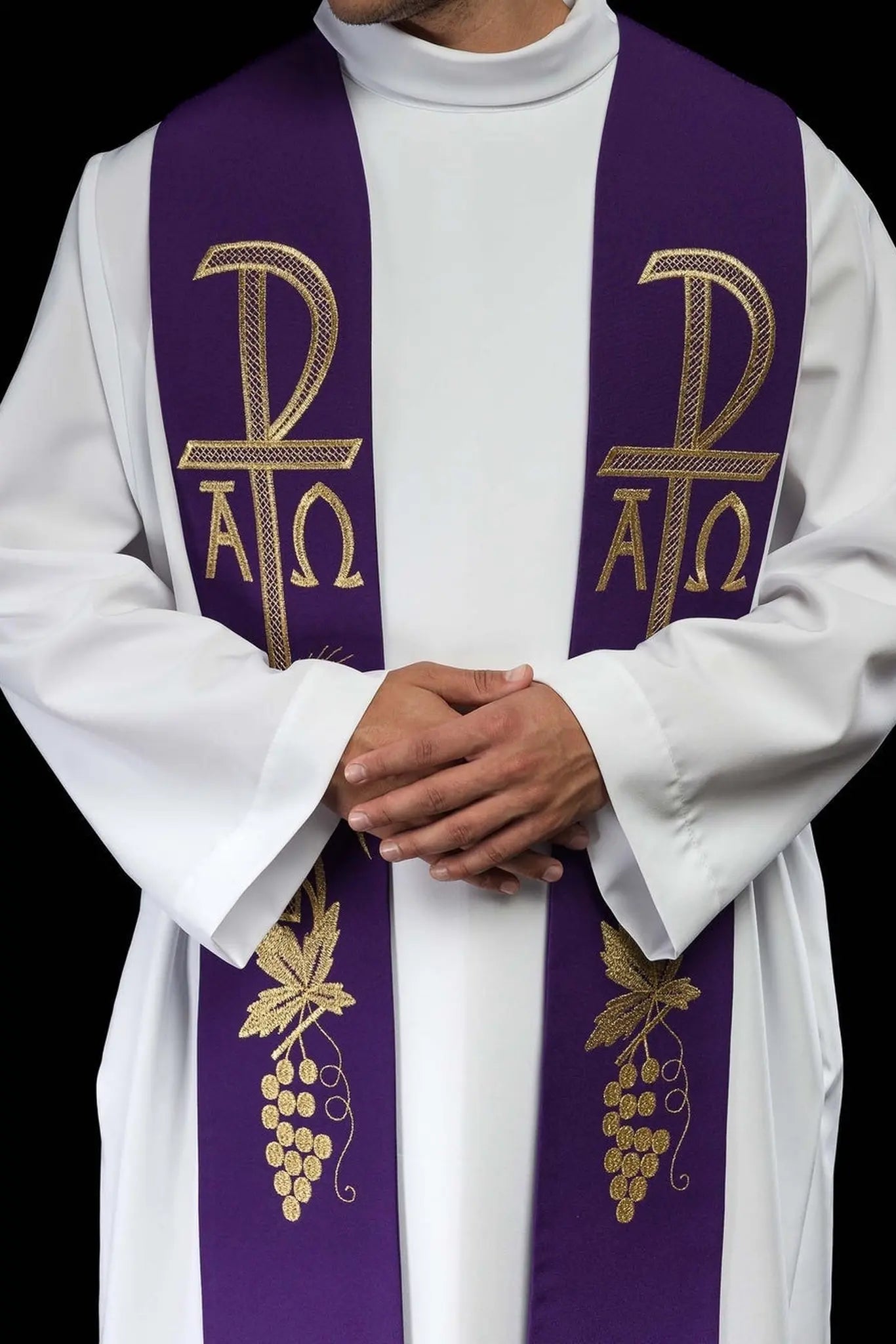 Alpha and Omega embroidered purple priest's stole