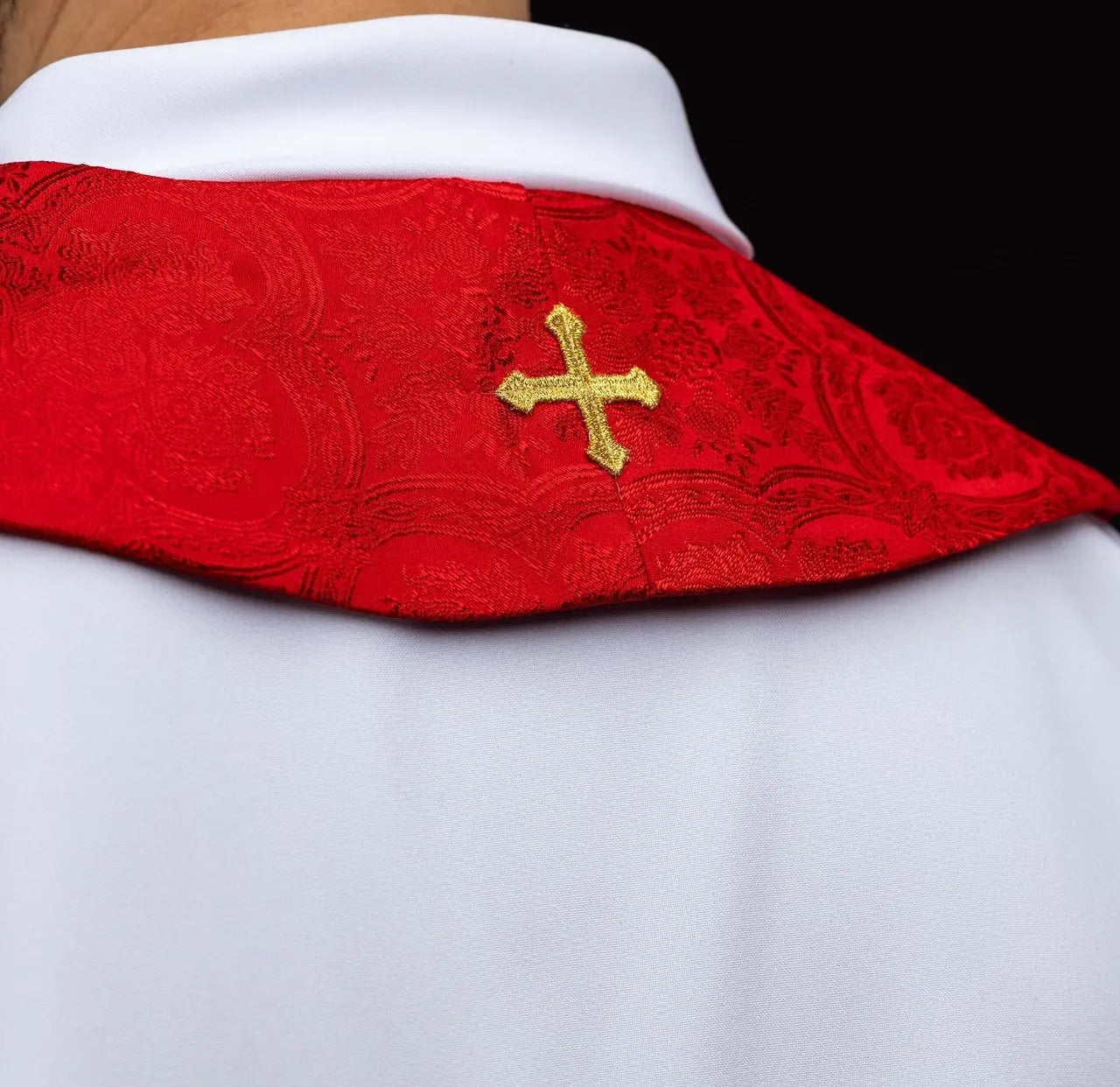 Red Jacquard Stole with Gold Cross Embroidery
