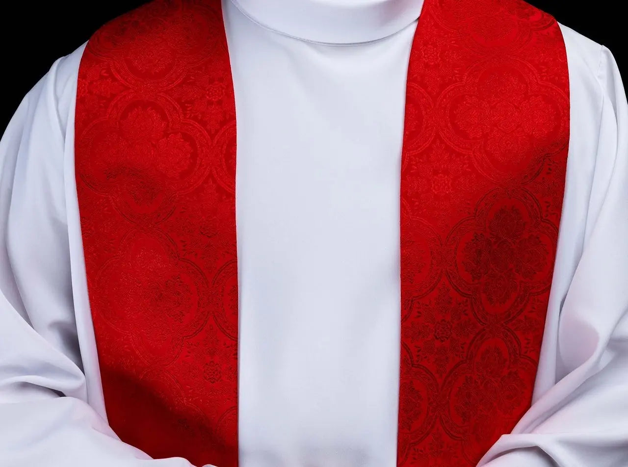 Red Jacquard Stole with Gold Cross Embroidery