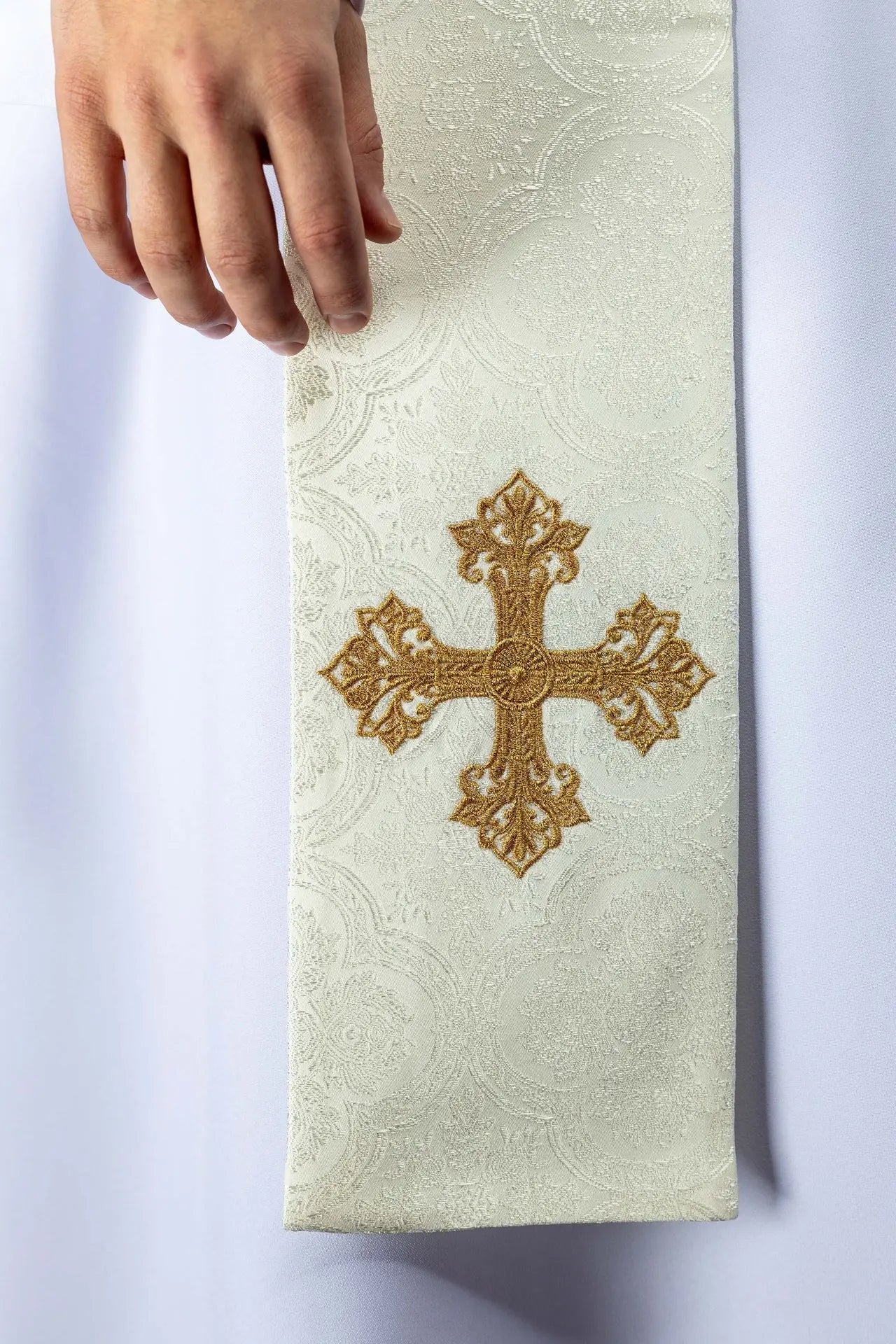Ecru Jacquard Stole with Gold Cross Embroidery