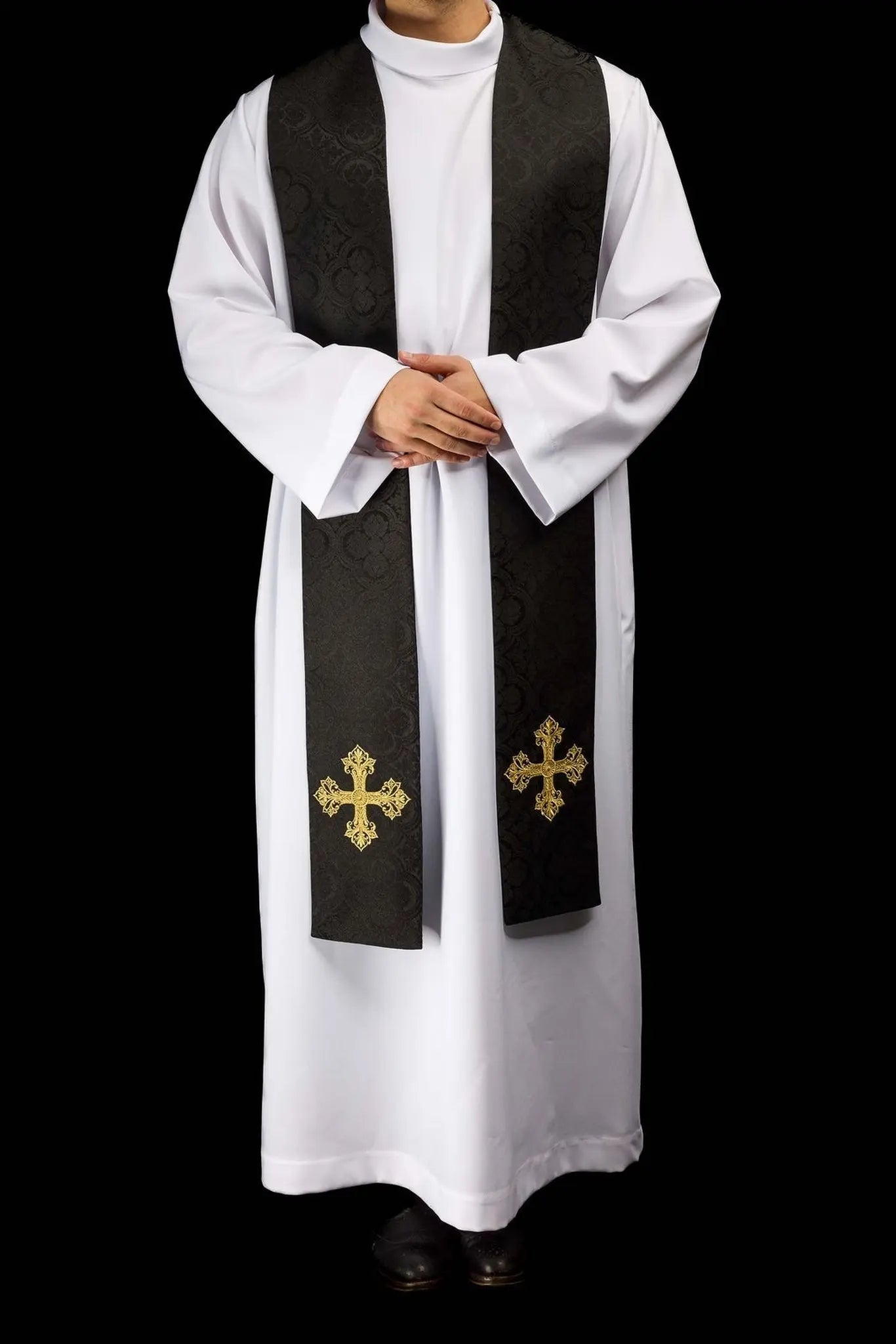 Black Jacquard Stole with Gold Cross Embroidery