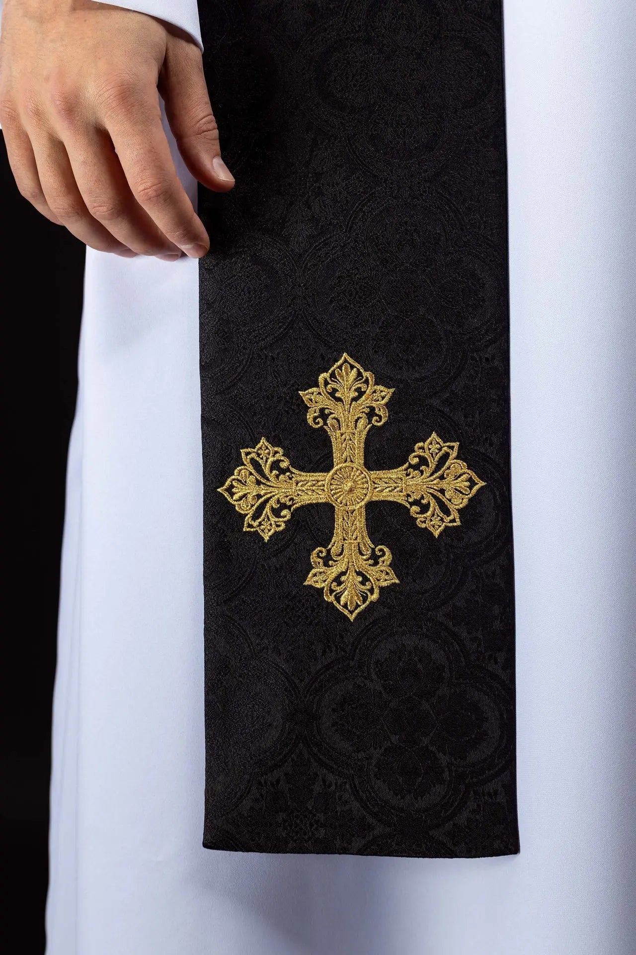 Black Jacquard Stole with Gold Cross Embroidery