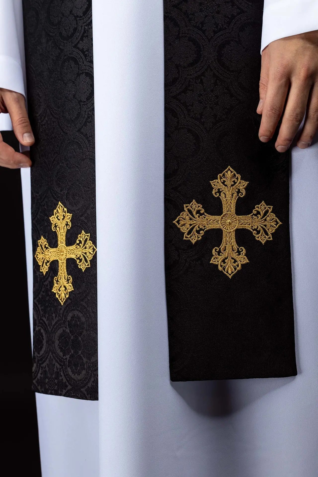Black Jacquard Stole with Gold Cross Embroidery