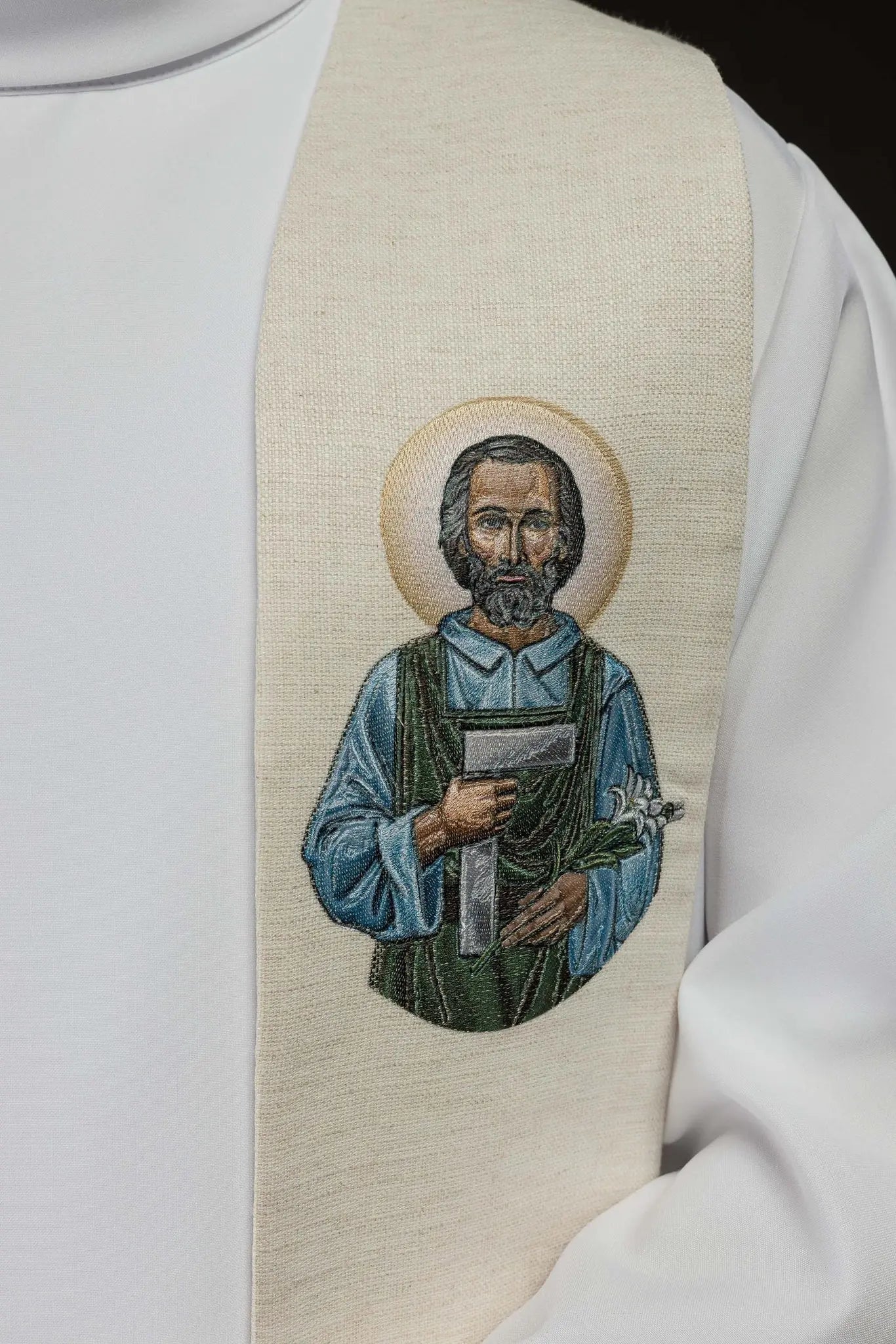 Embroidered stole with the image of Saint Joseph the Worker
