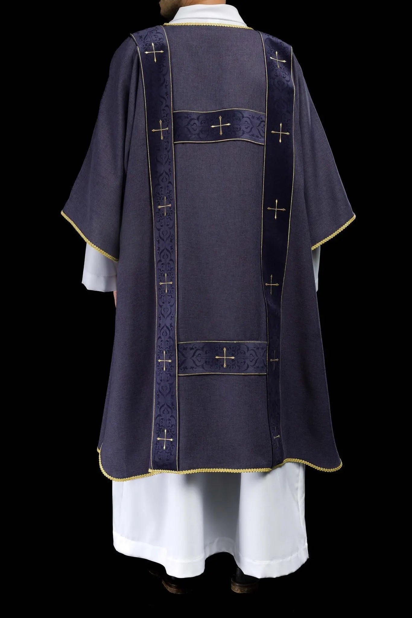 Dalmatic with velvet stripes and embroidered gold crosses purple