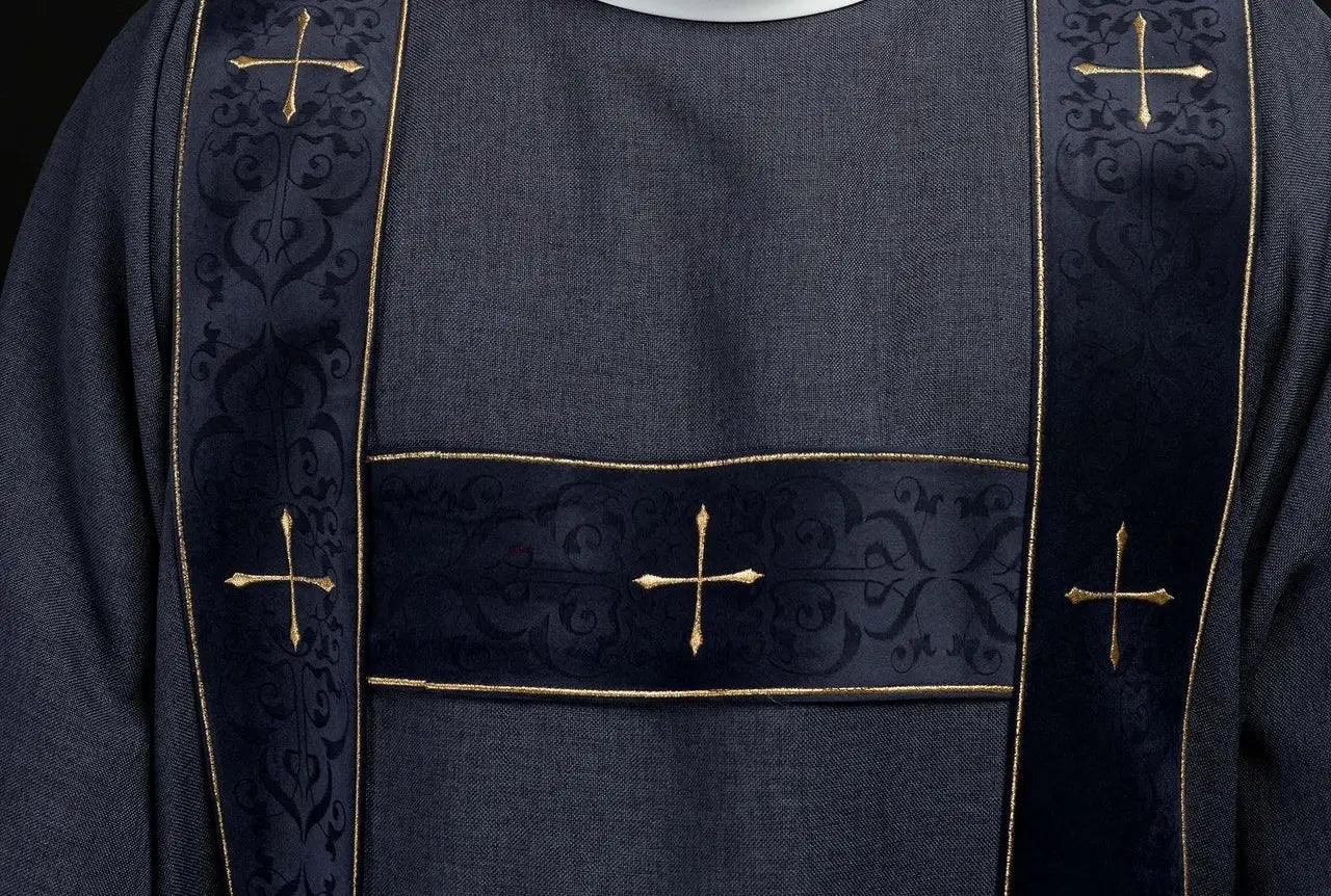 Dalmatic with velvet stripes and embroidered gold crosses purple