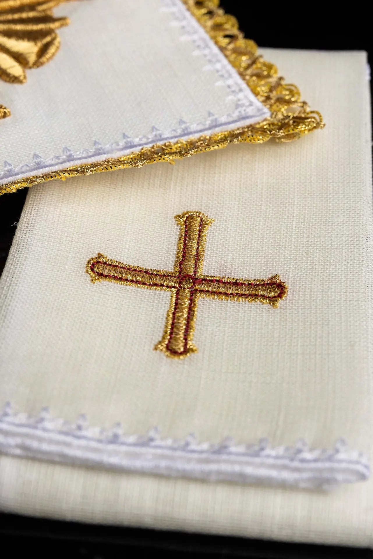 Richly embroidered chalice linen with stones. Made of linen