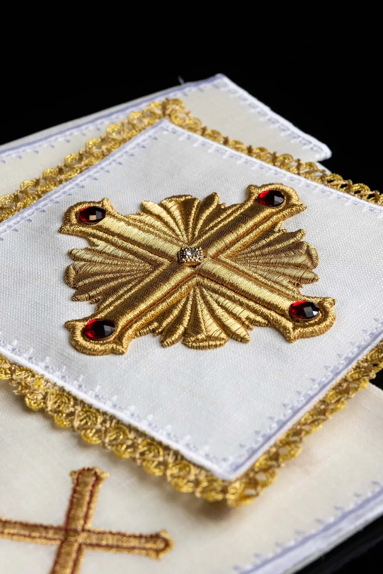 Richly embroidered chalice linen with stones. Made of linen