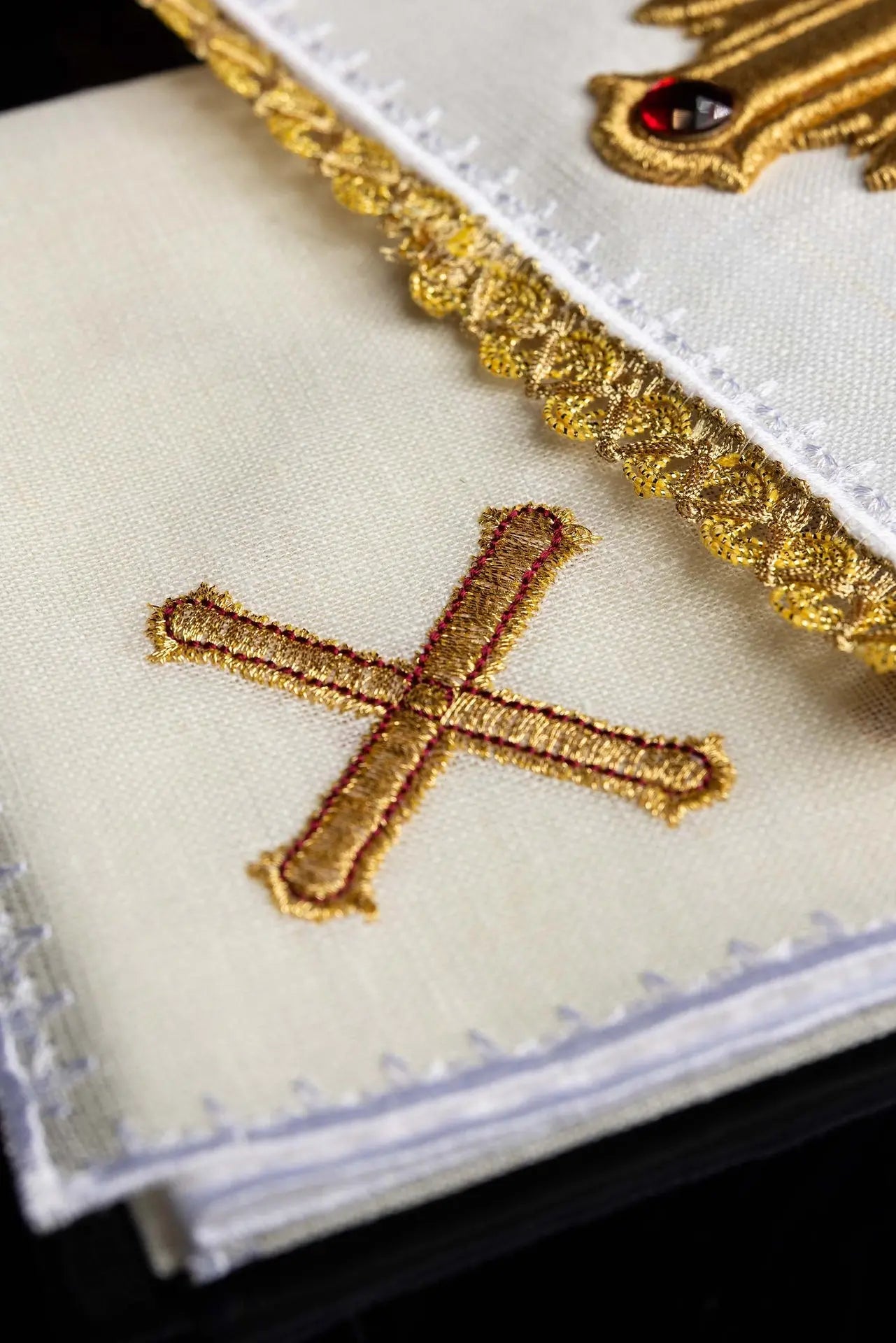 Richly embroidered chalice linen with stones. Made of linen