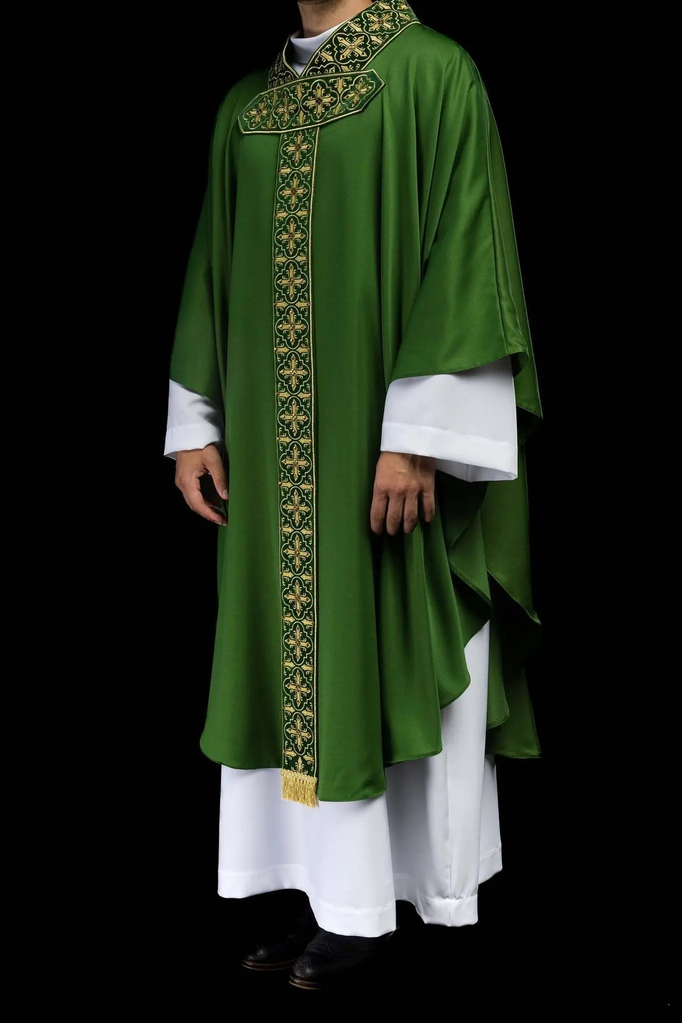 Green chasuble with hanging embroidered belt and 500 stones