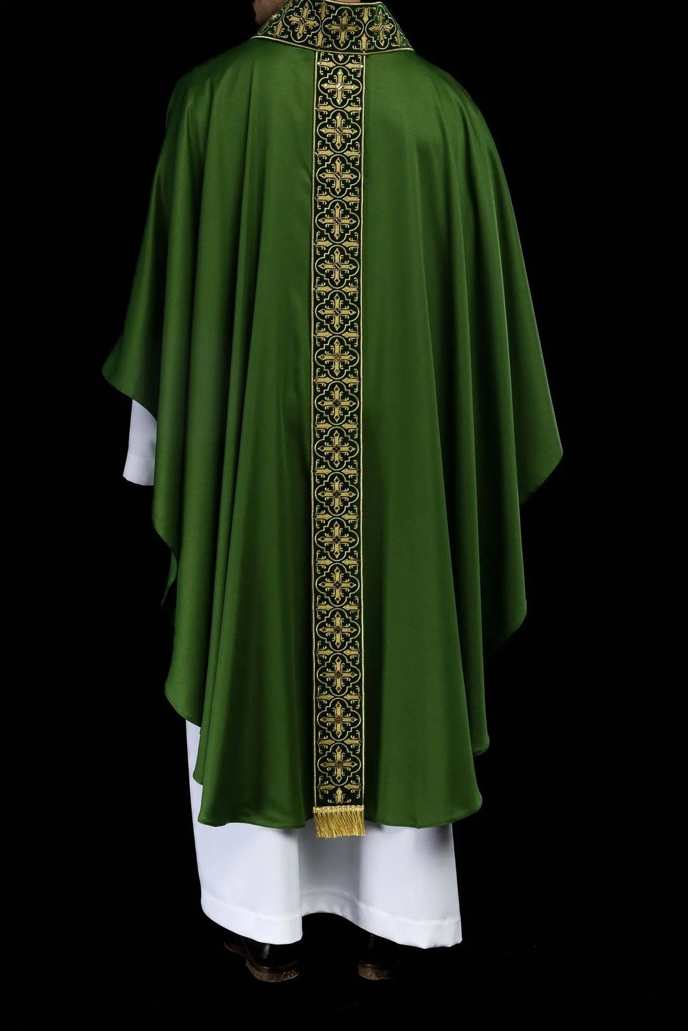 Green chasuble with hanging embroidered belt and 500 stones