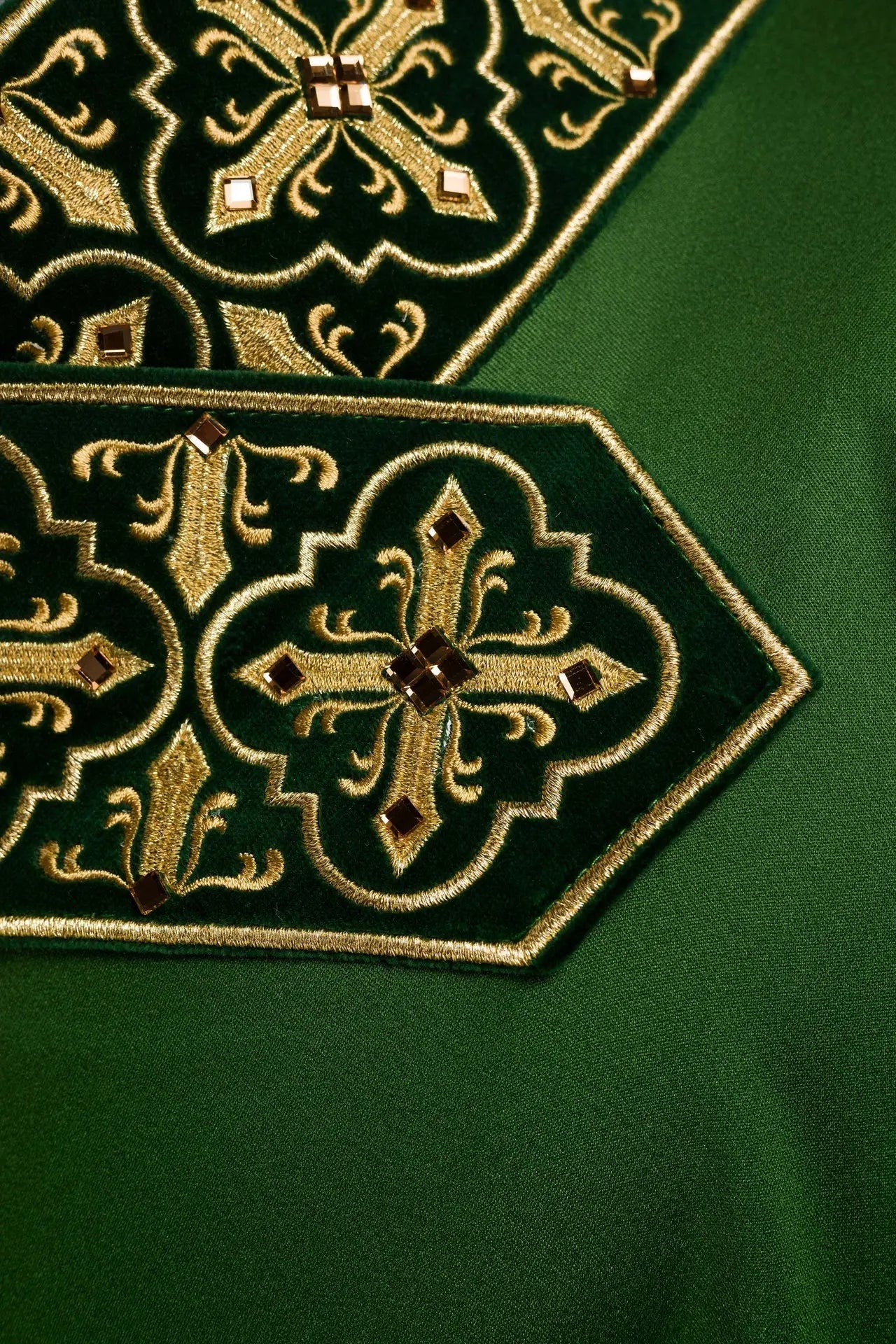 Green chasuble with hanging embroidered belt and 500 stones