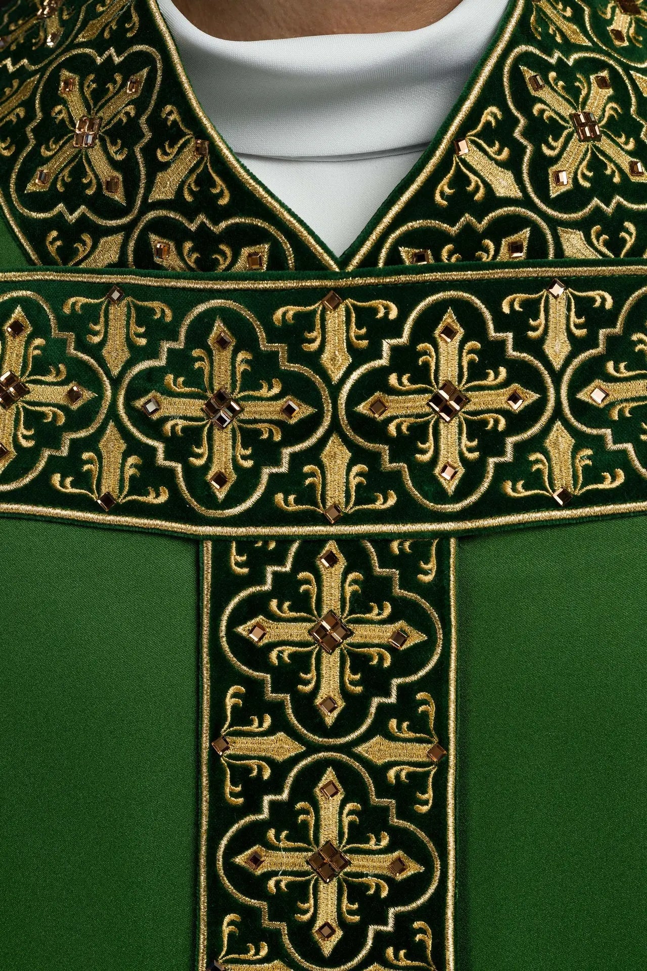 Green chasuble with hanging embroidered belt and 500 stones