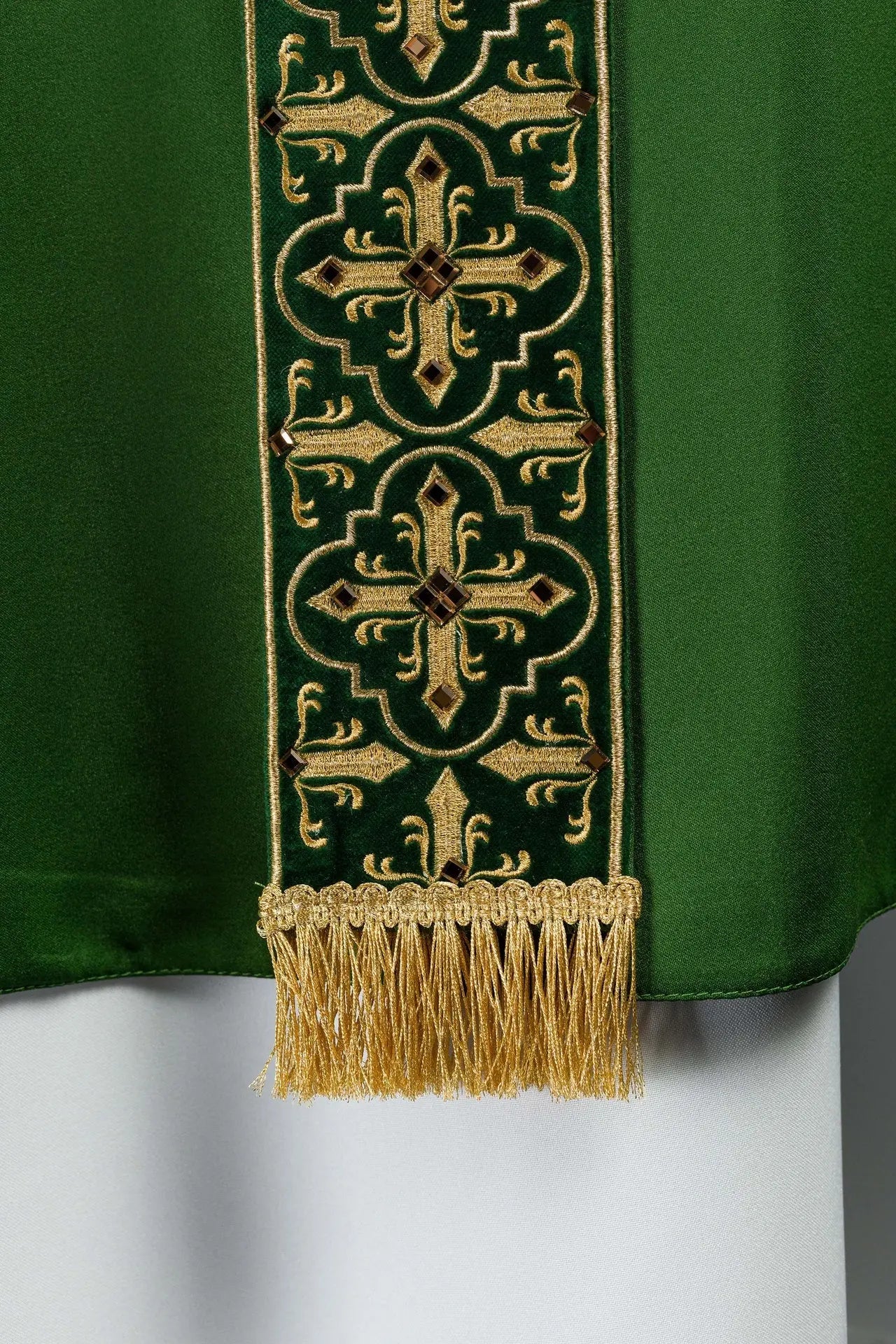 Green chasuble with hanging embroidered belt and 500 stones