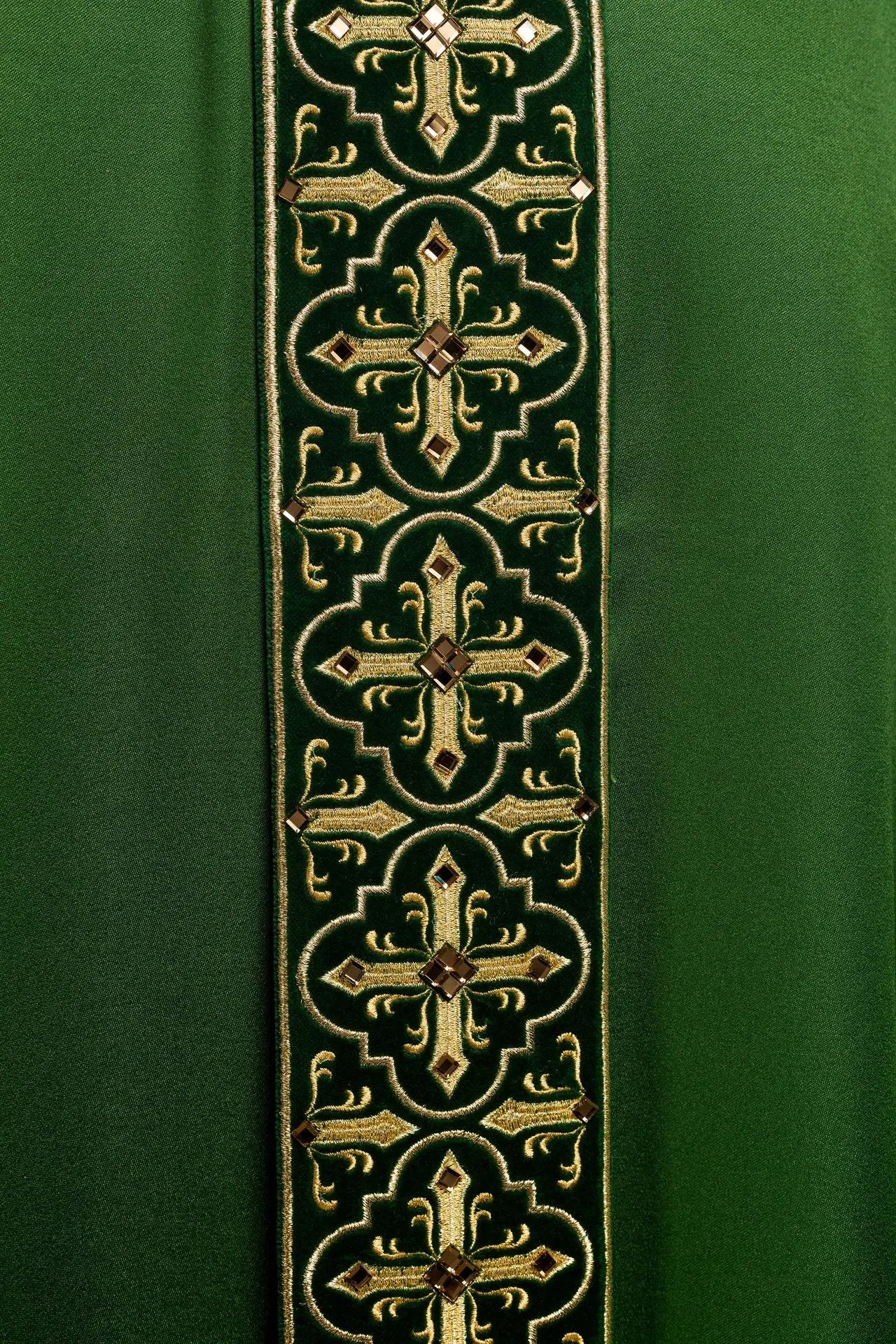 Green chasuble with hanging embroidered belt and 500 stones