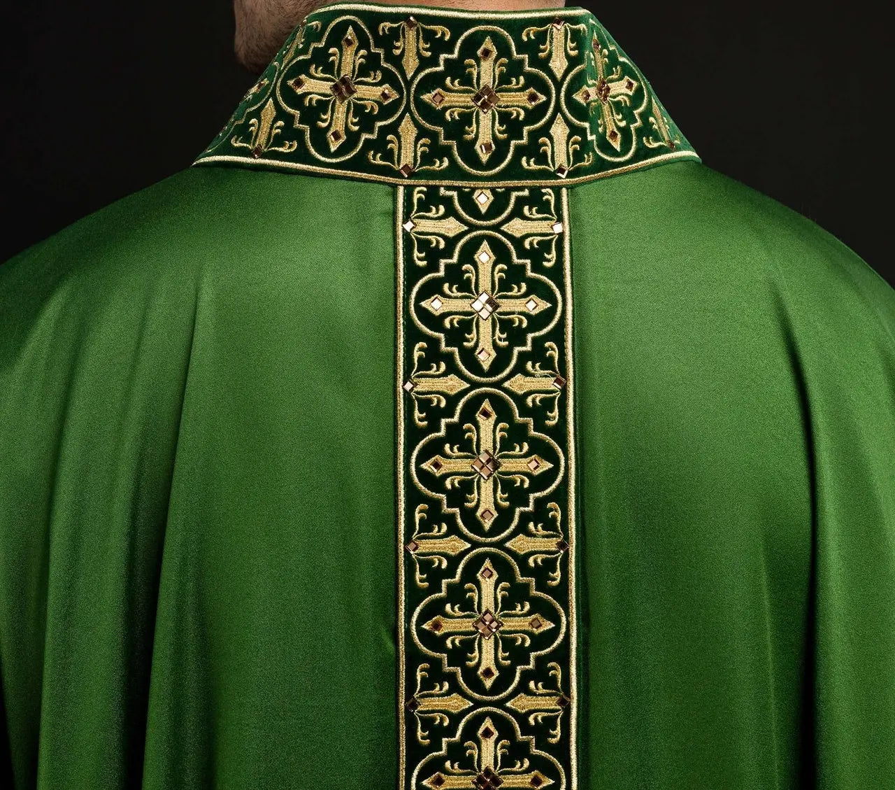 Green chasuble with hanging embroidered belt and 500 stones