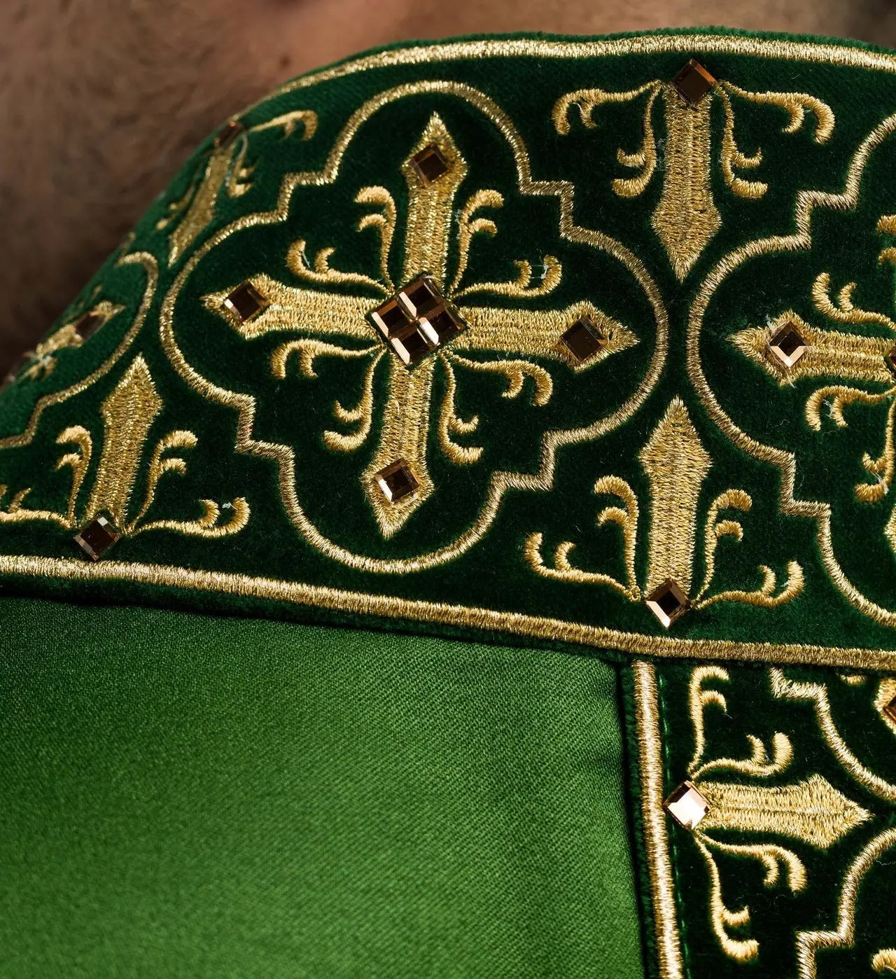 Green chasuble with hanging embroidered belt and 500 stones