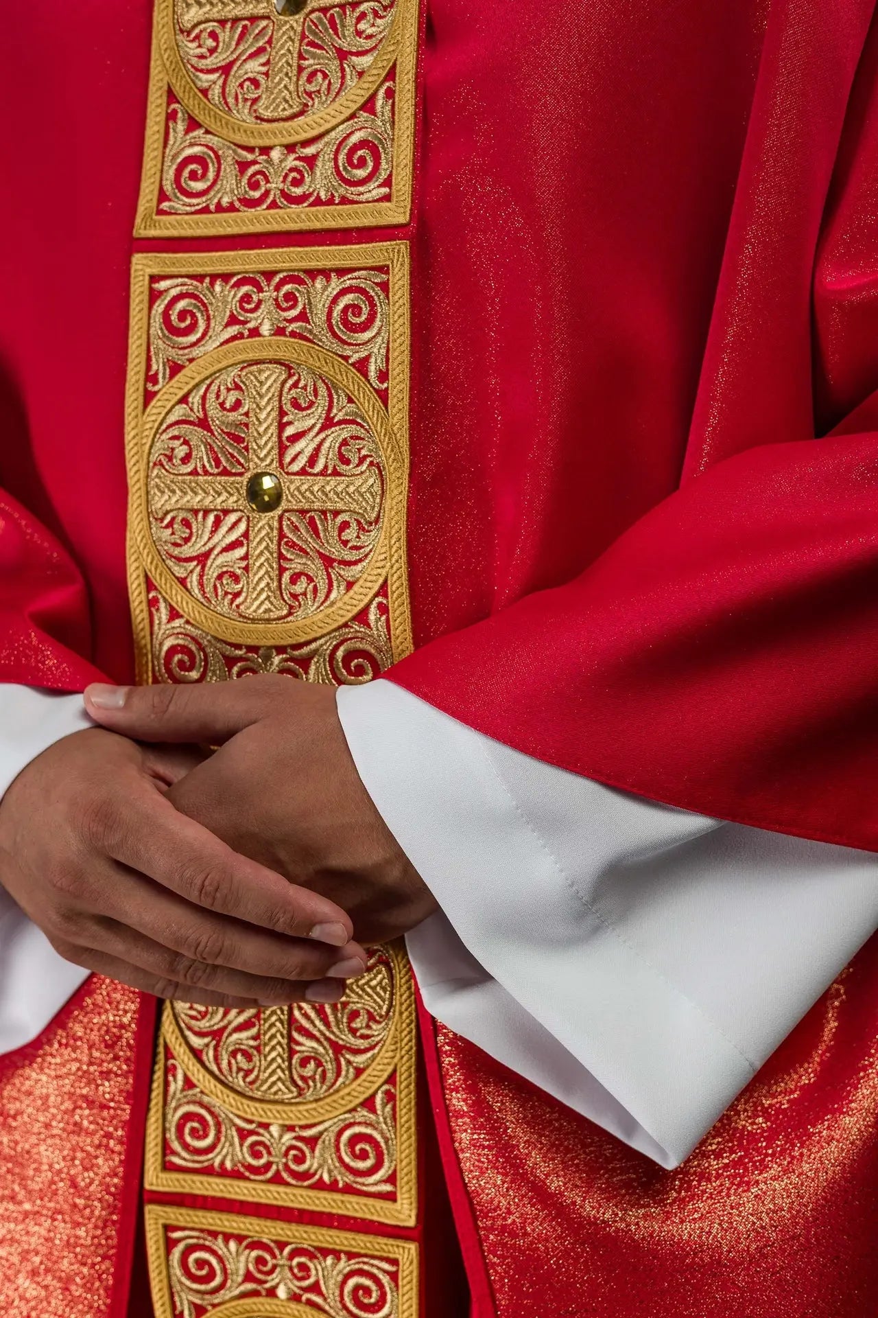 Red Chasuble with Rich Embroidery and Decorative Stones