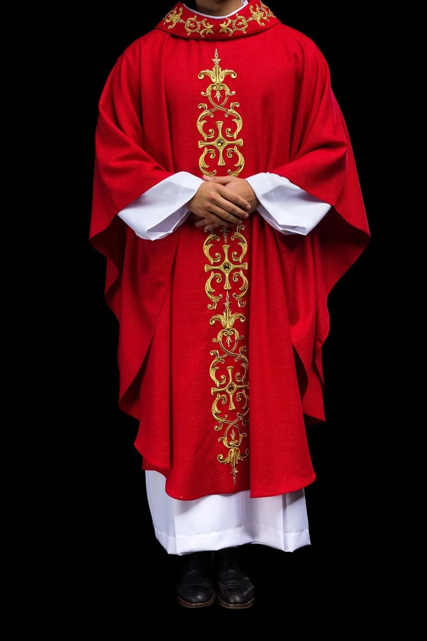 Red chasuble richly embroidered with stones