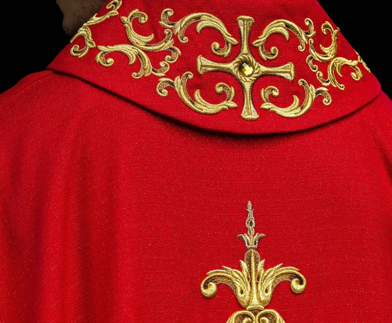 Red chasuble richly embroidered with stones