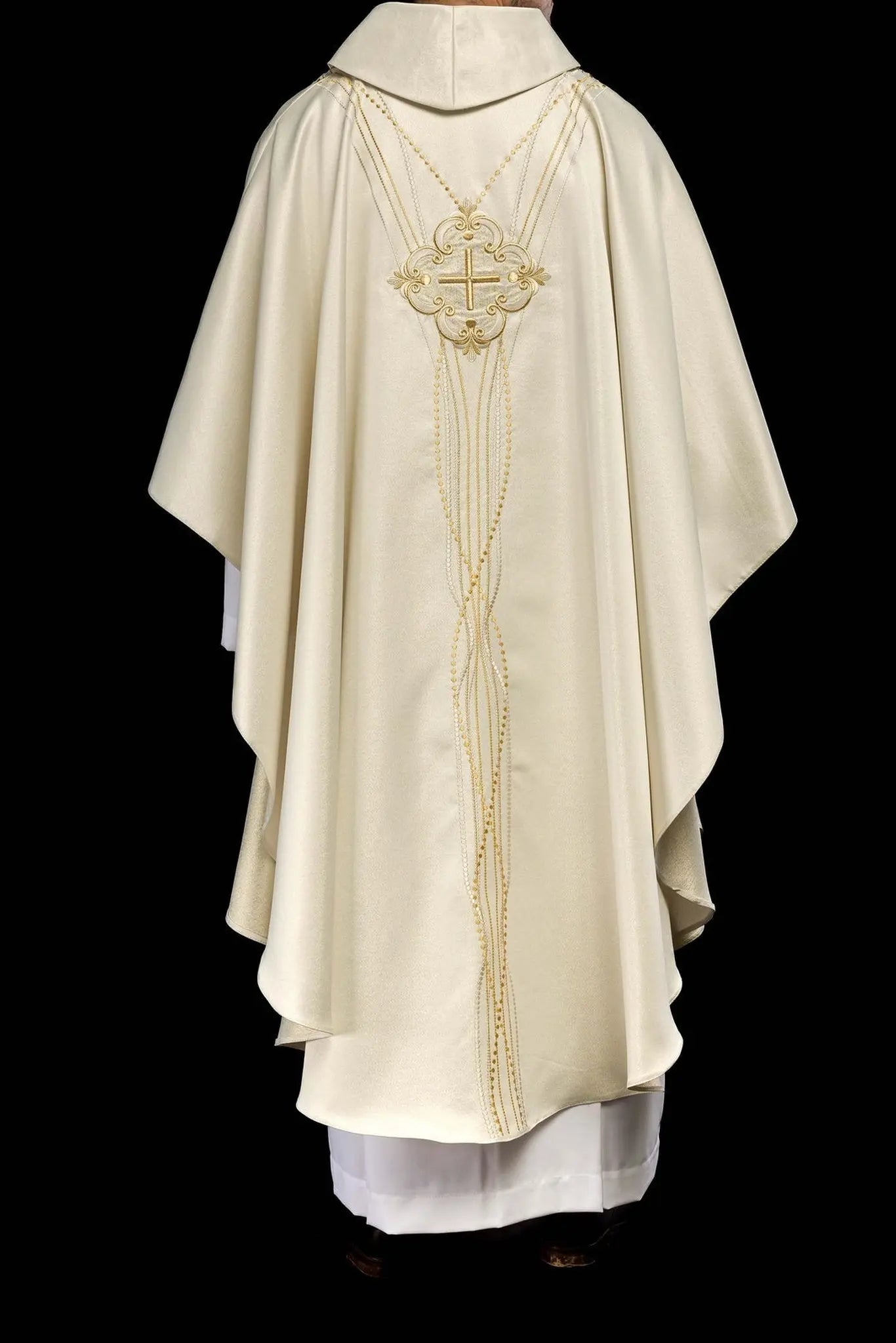 Rosary-inspired shiny fabric chasuble in ecru