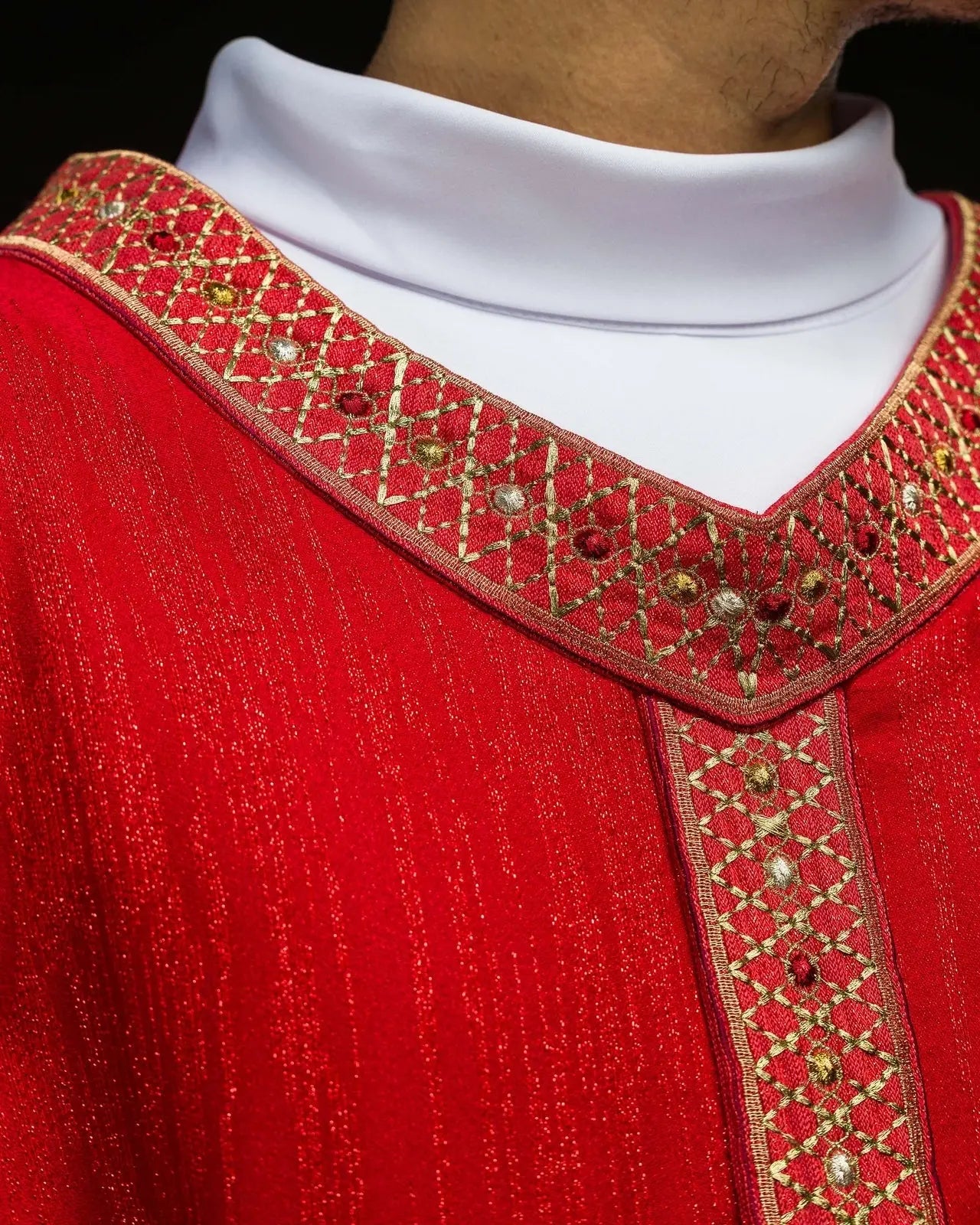 Red Chasuble with Embroidered Belt and Collar