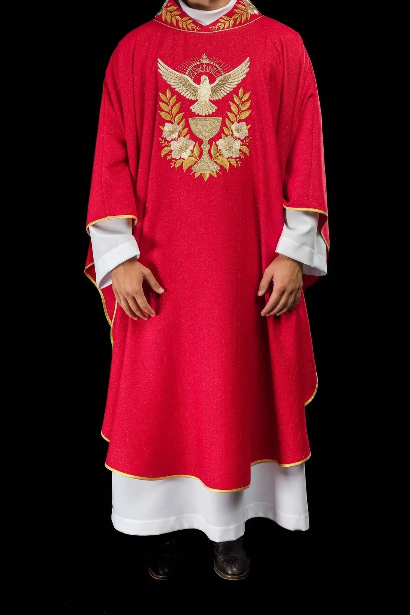 Red Chasuble with Embroidered Collar and Holy Spirit Symbol