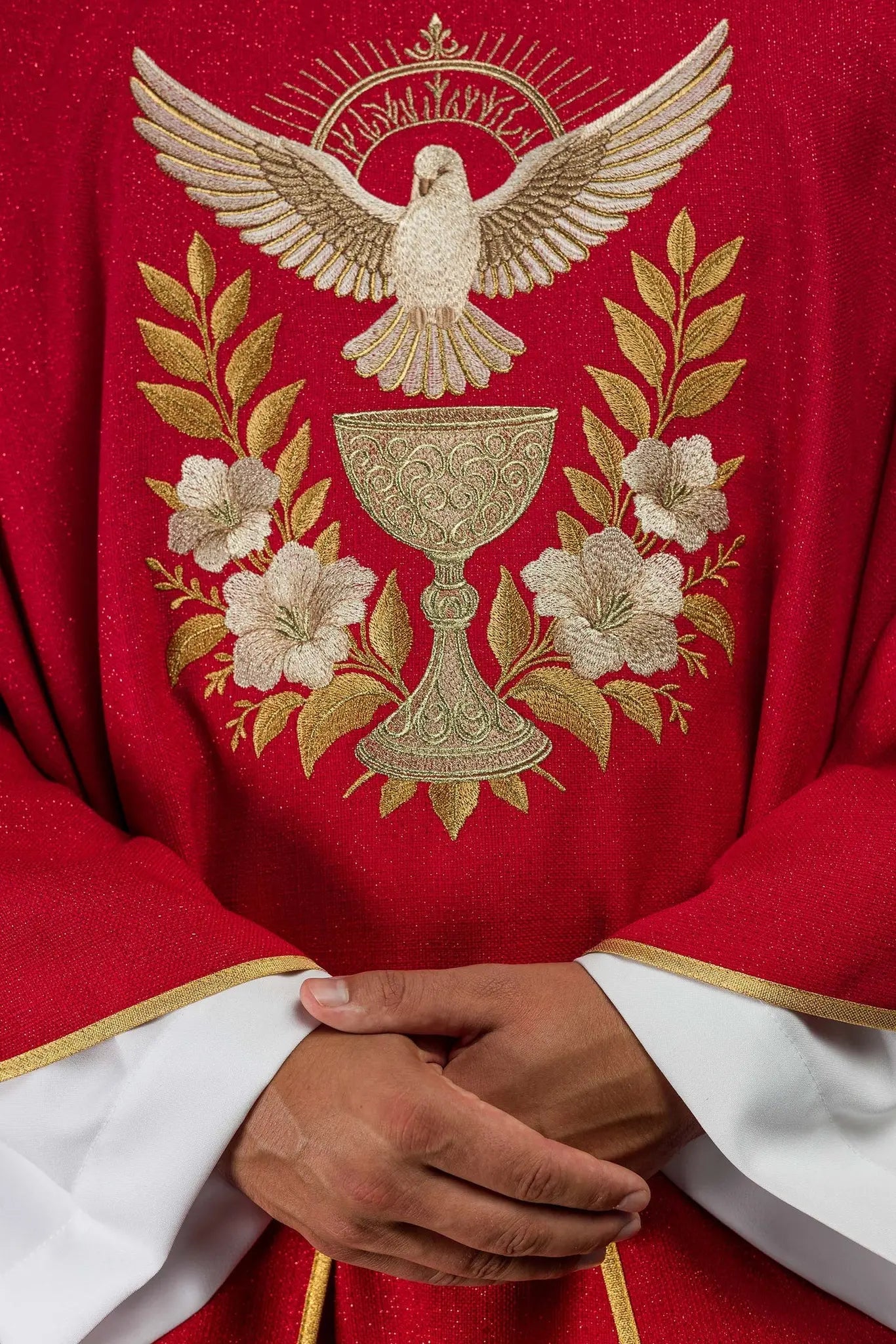 Red Chasuble with Embroidered Collar and Holy Spirit Symbol