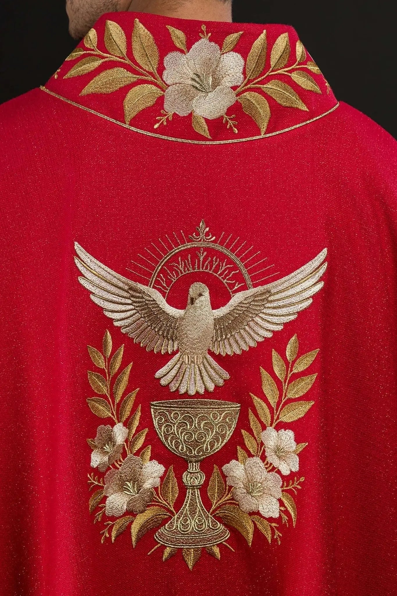 Red Chasuble with Embroidered Collar and Holy Spirit Symbol