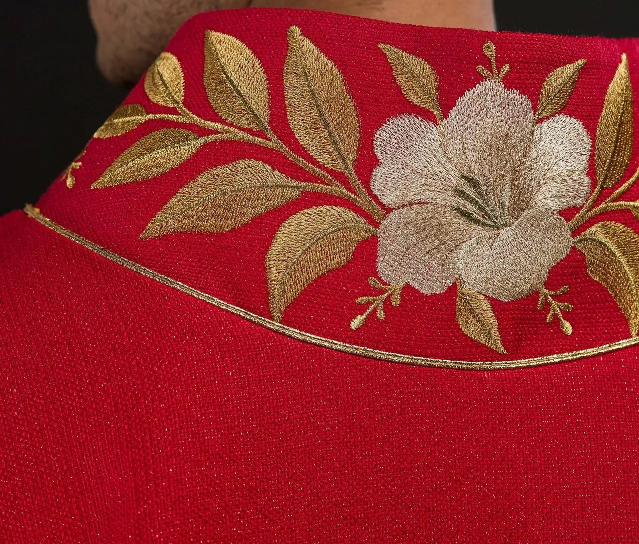 Red Chasuble with Embroidered Collar and Holy Spirit Symbol