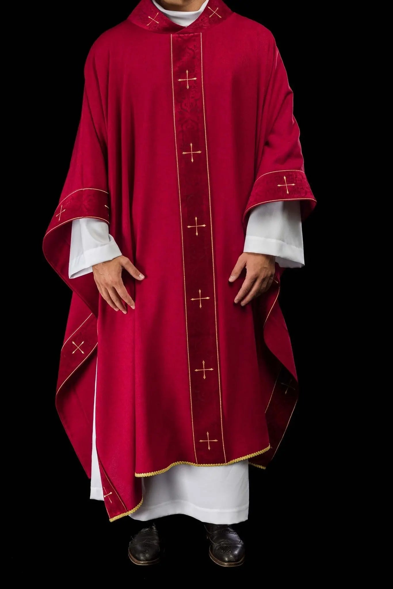 Red Chasuble with Embroidered Band and Cross-Embroidered Collar